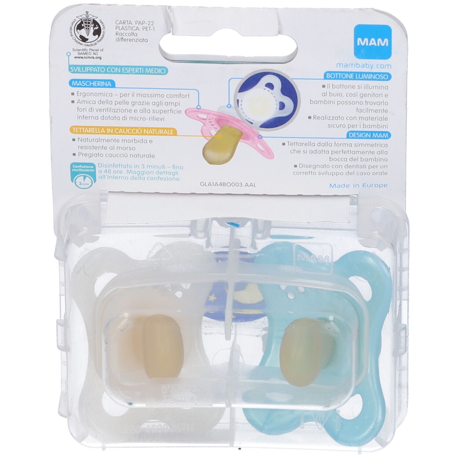 Retro della confezione blister con due succhietti. Caratteristiche e design mostrati. Prodotto in Europa.