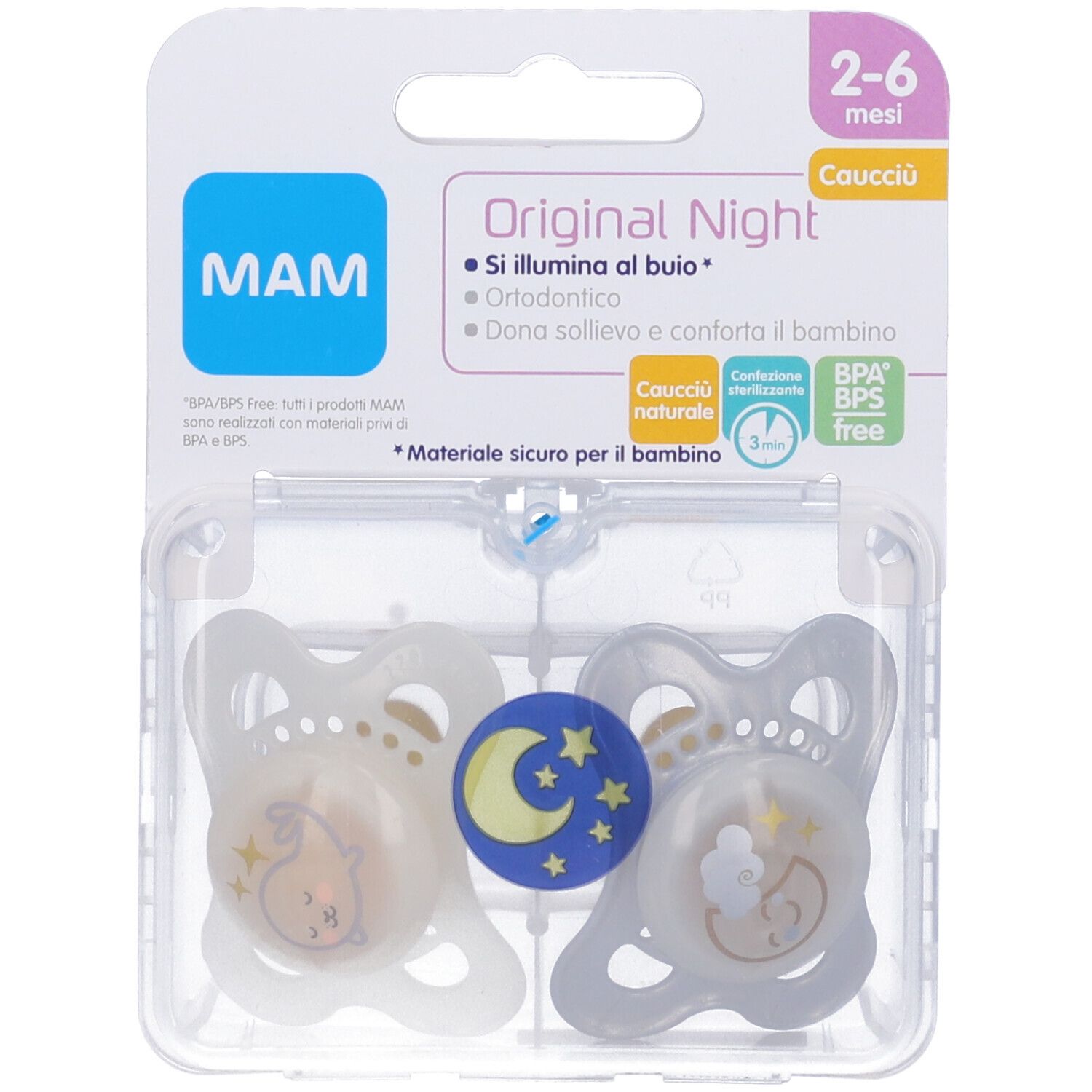 Due succhietti MAM Original Night in confezione. Tettarelle grigie, dettagli gialli. Logo MAM visibile.