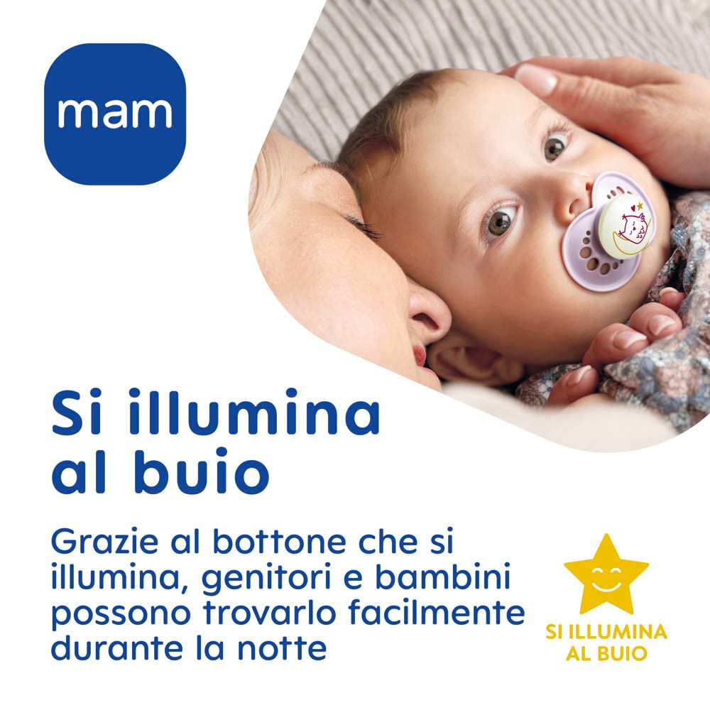 Bambino con succhietto MAM Original Night che si illumina al buio. "Si illumina al buio".