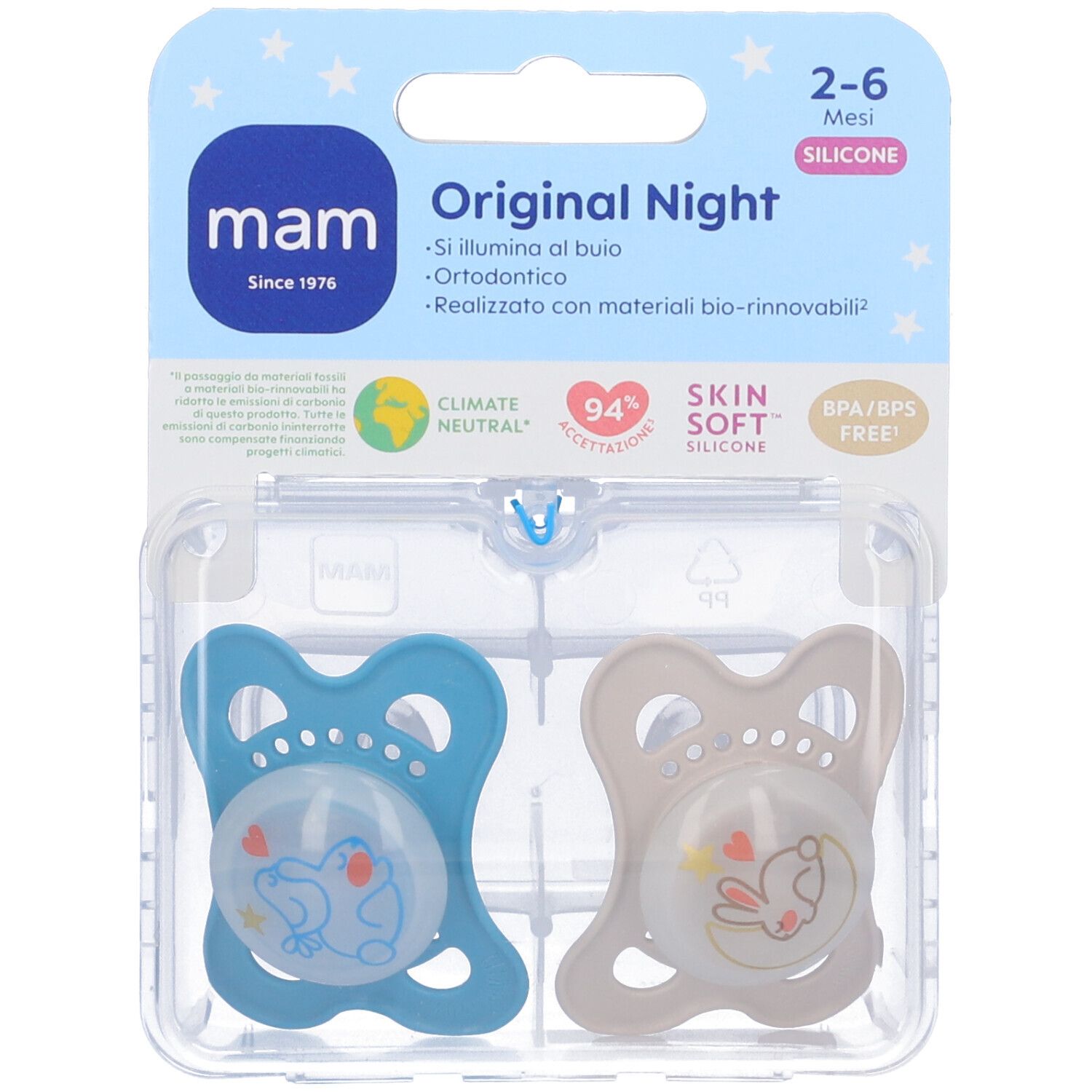 Mam Night 2-6 Mesi Succhietto Silicone Doppio Maschio