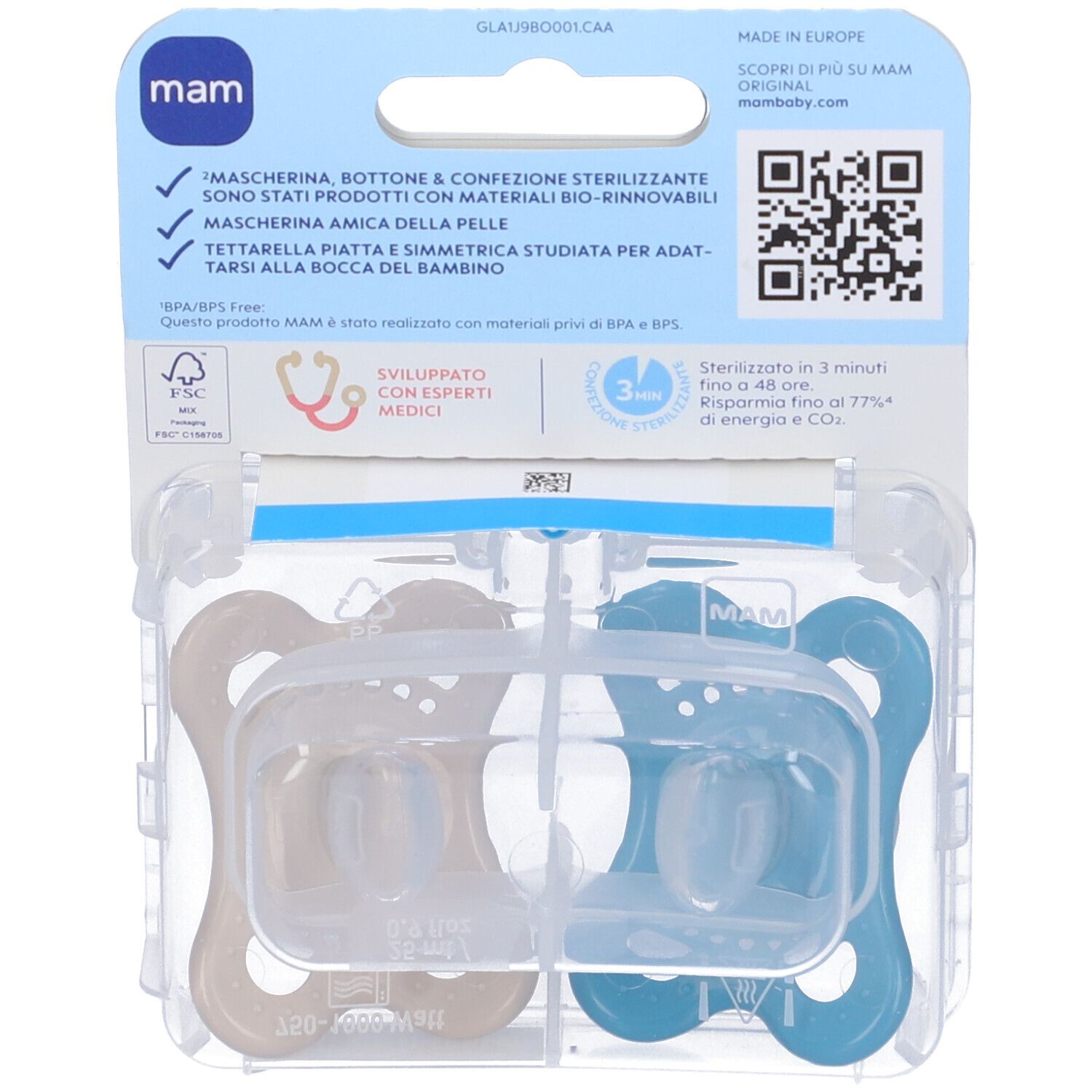 Retro confezione blister con due succhietti. Logo MAM, testo e codice QR. Senza BPA/BPS.