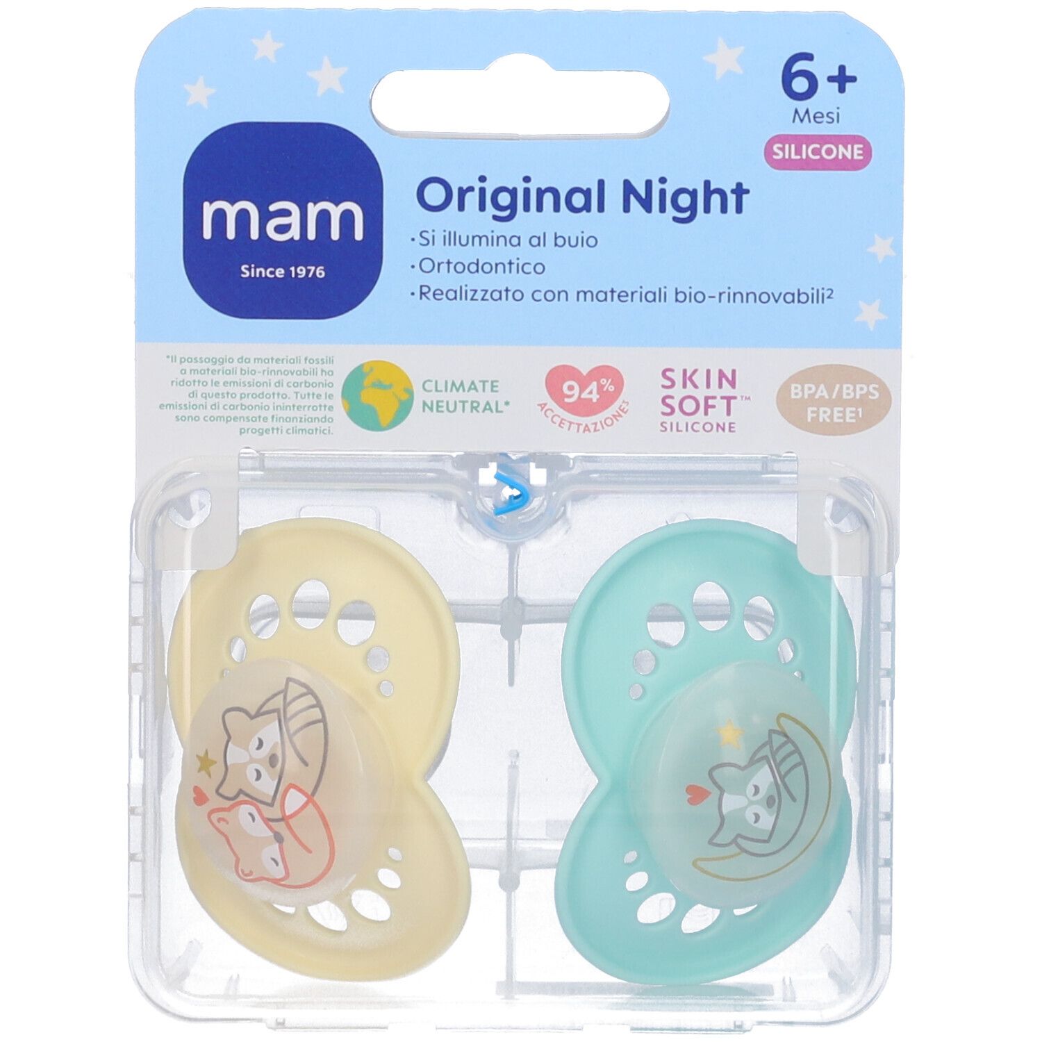 Confezione con due succhietti. Giallo e blu. Marchio MAM. Testo: Original Night, 6+ mesi, silicone.
