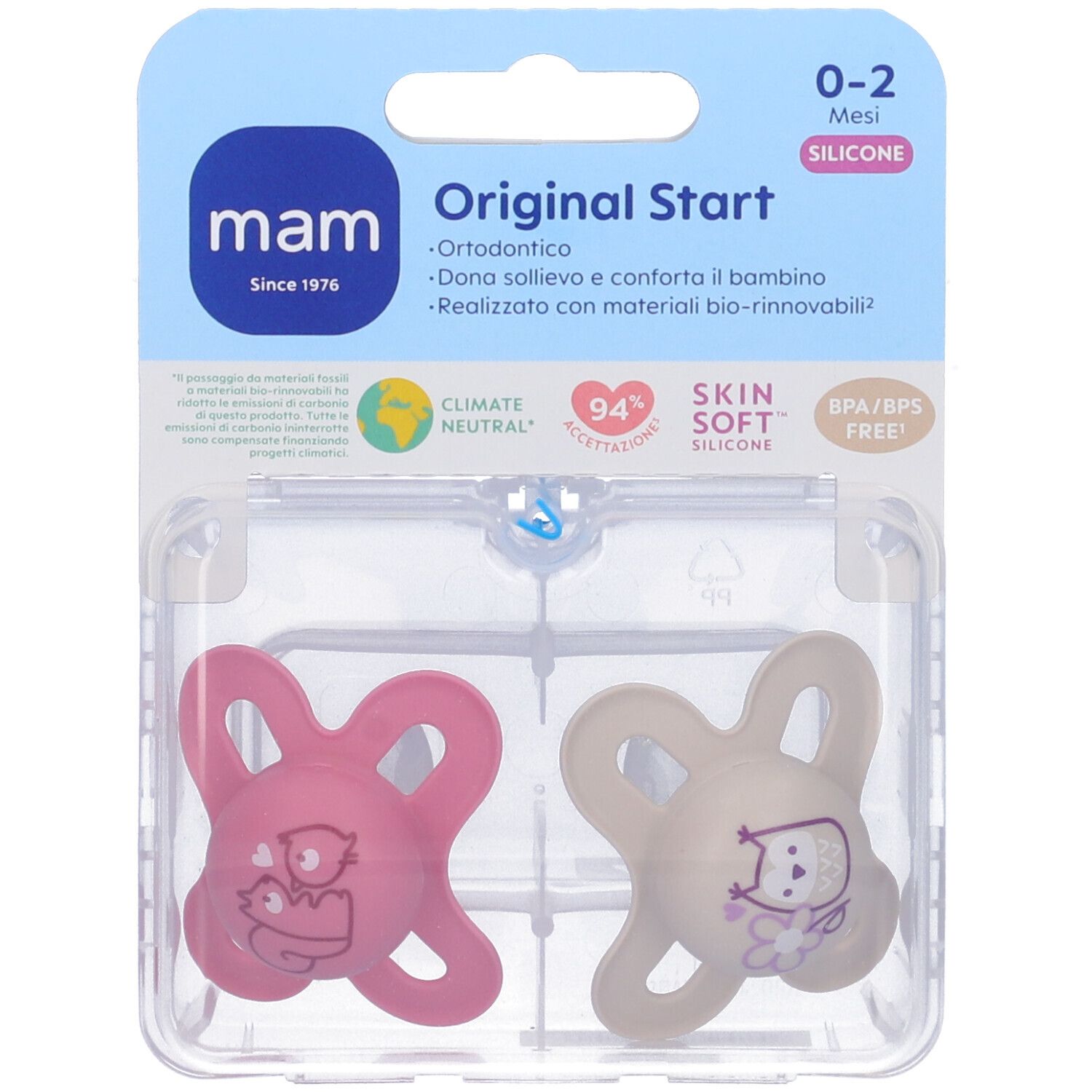 Due succhietti in confezione. Rosa e crema. Confezione con logo del marchio e informazioni sul prodotto.