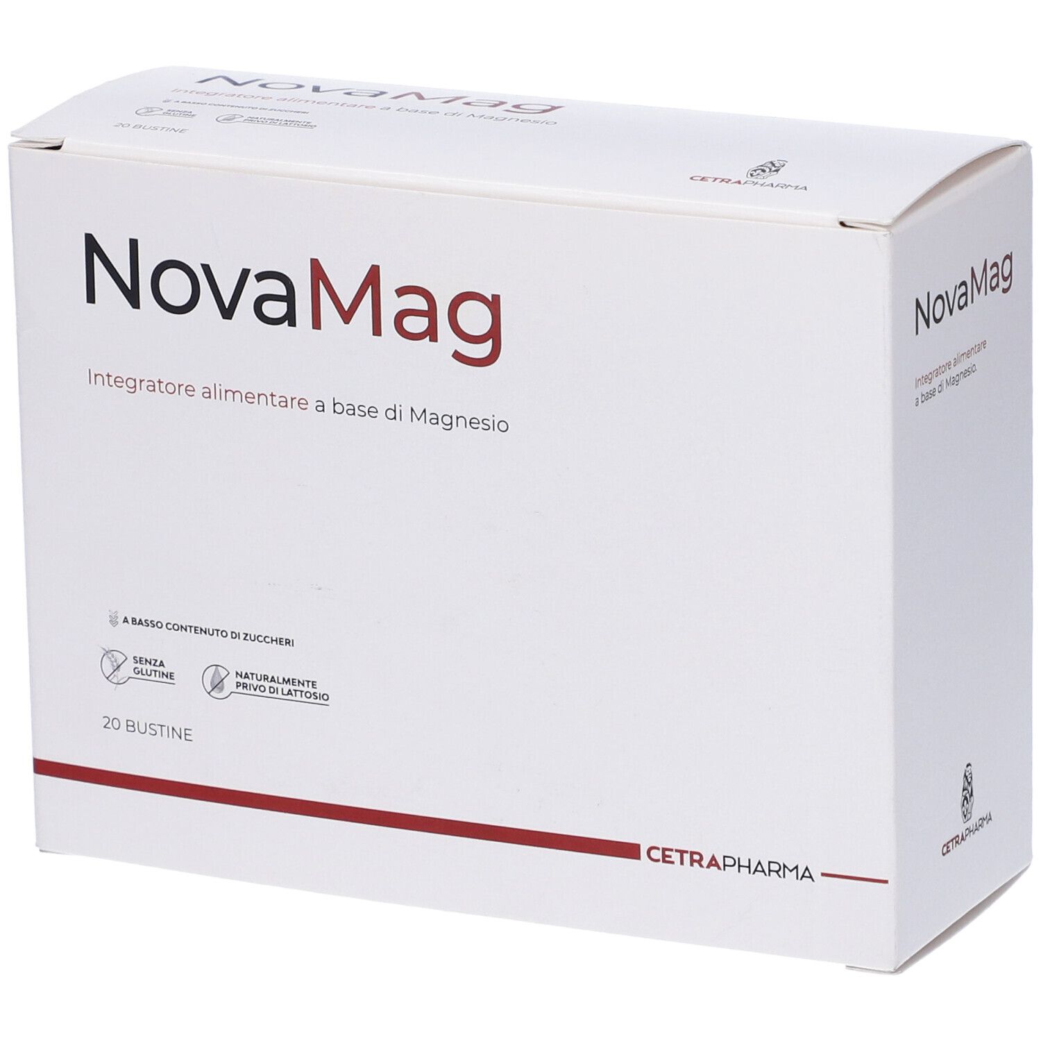 Scatola bianca NovaMag. Integratore a base di magnesio. 20 bustine. Marchio Cetrapharma. Striscia rossa.