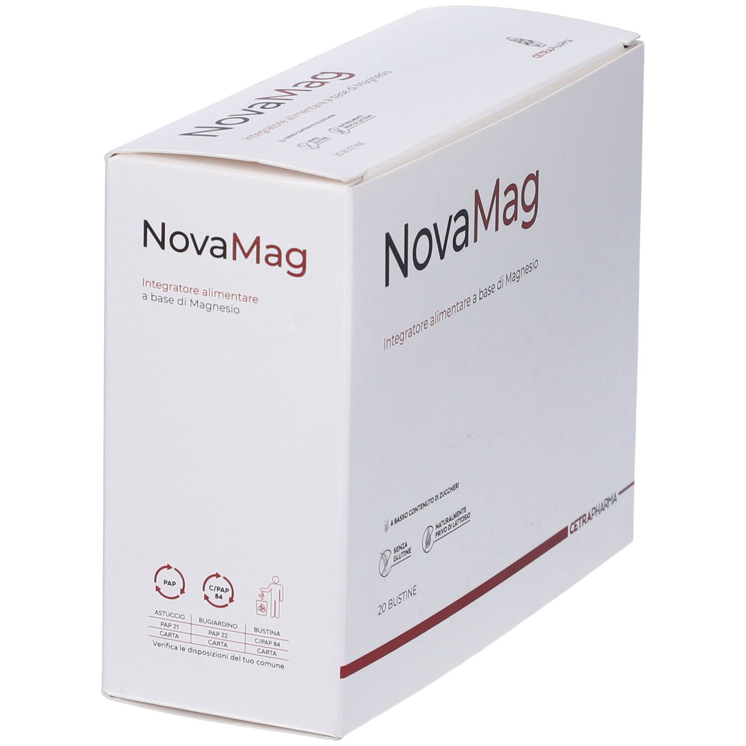 Scatola bianca NovaMag. Integratore a base di magnesio. 20 bustine. Marchio Cetrapharma. Striscia rossa.