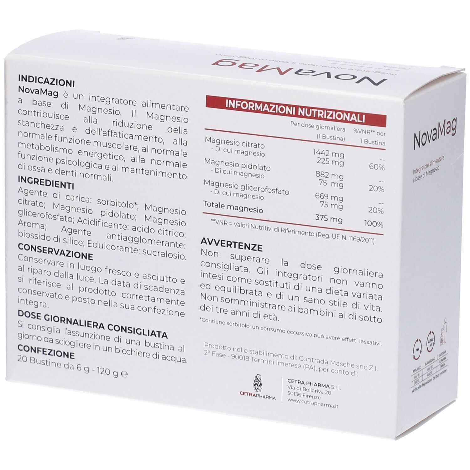 Retro scatola NovaMag. Ingredienti, informazioni nutrizionali, avvertenze. 20 bustine. Cetrapharma.