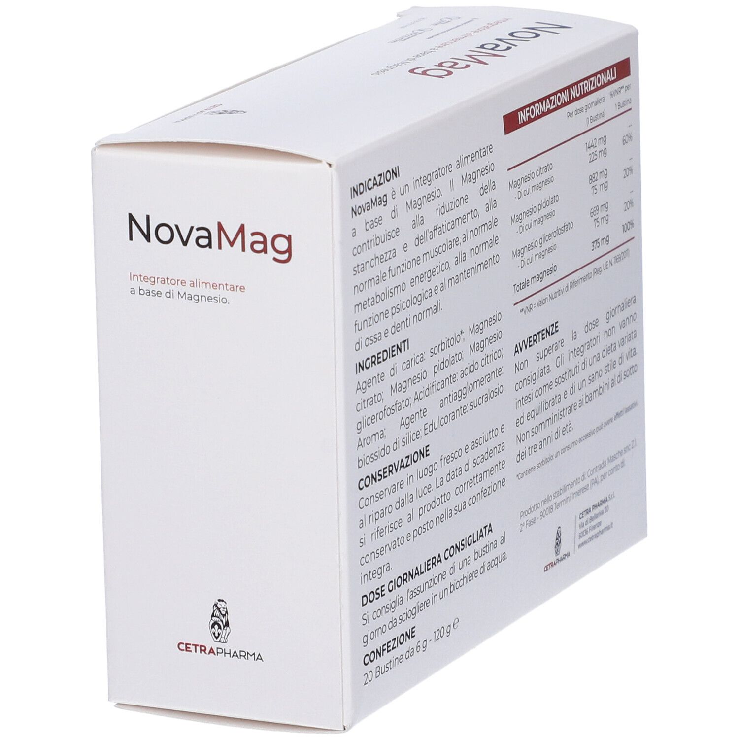 Retro scatola NovaMag. Ingredienti, informazioni nutrizionali, avvertenze. 20 bustine. Cetrapharma.