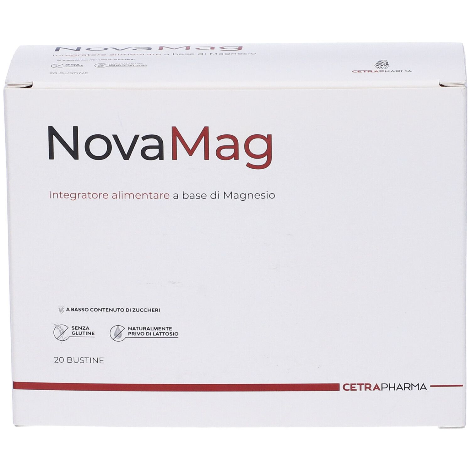 Scatola bianca NovaMag. Integratore a base di magnesio. 20 bustine. Senza glutine, senza lattosio. Cetrapharma.