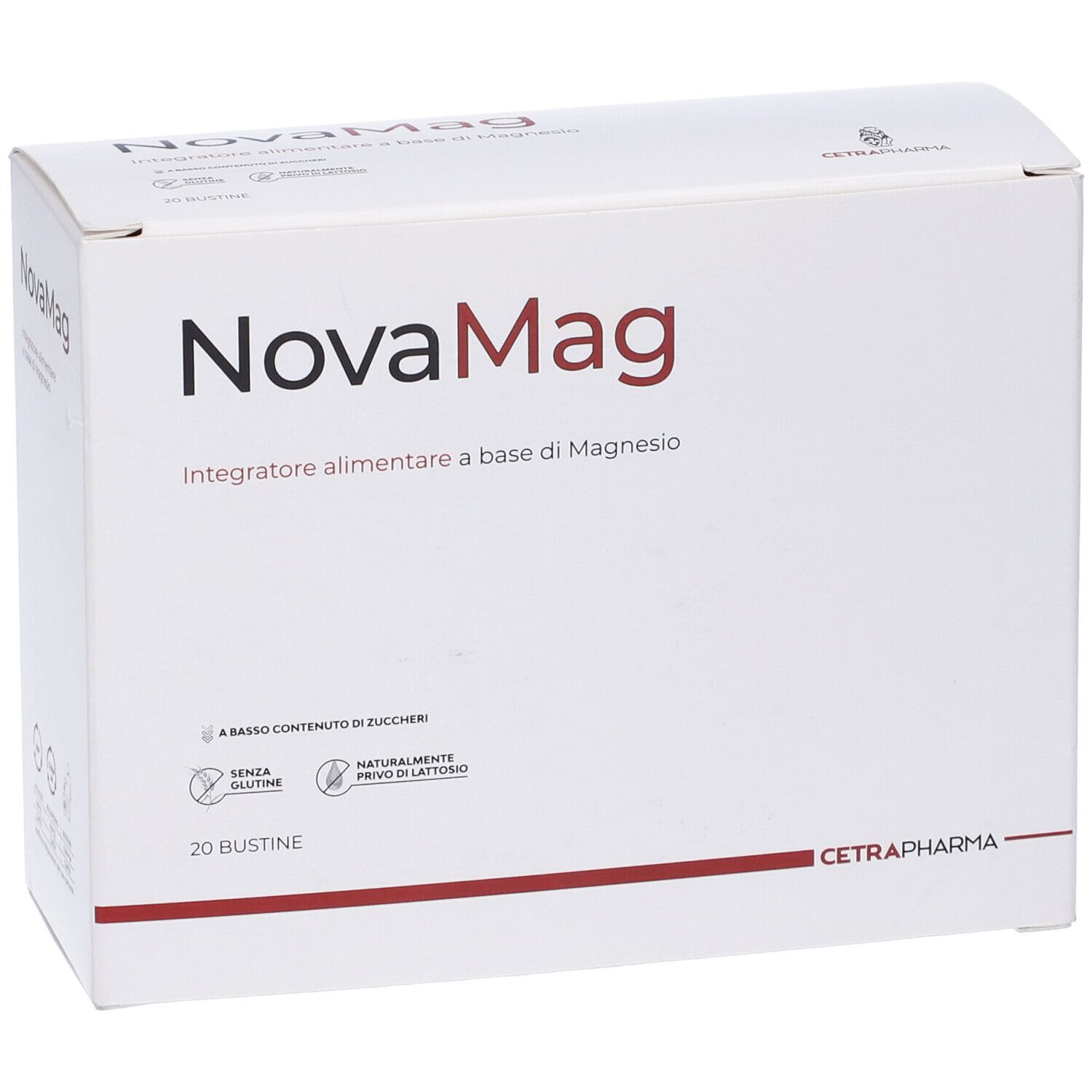 Scatola bianca NovaMag. Integratore a base di magnesio. 20 bustine. Senza glutine, senza lattosio. Cetrapharma.