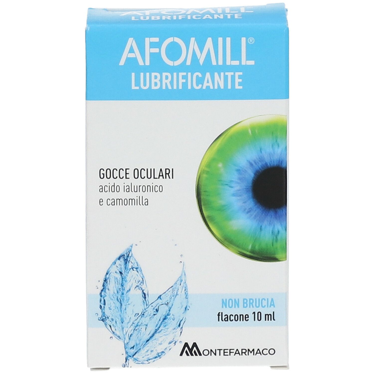 Scatola bianca e blu AFOMILL Lubrificante. Gocce oculari con acido ialuronico e camomilla. Flacone 10 ml.