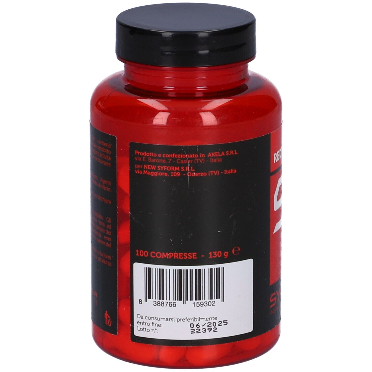 Flacone rosso con tappo nero. Scritta '100 COMPRESSE'. Codice a barre e informazioni su etichetta bianca.