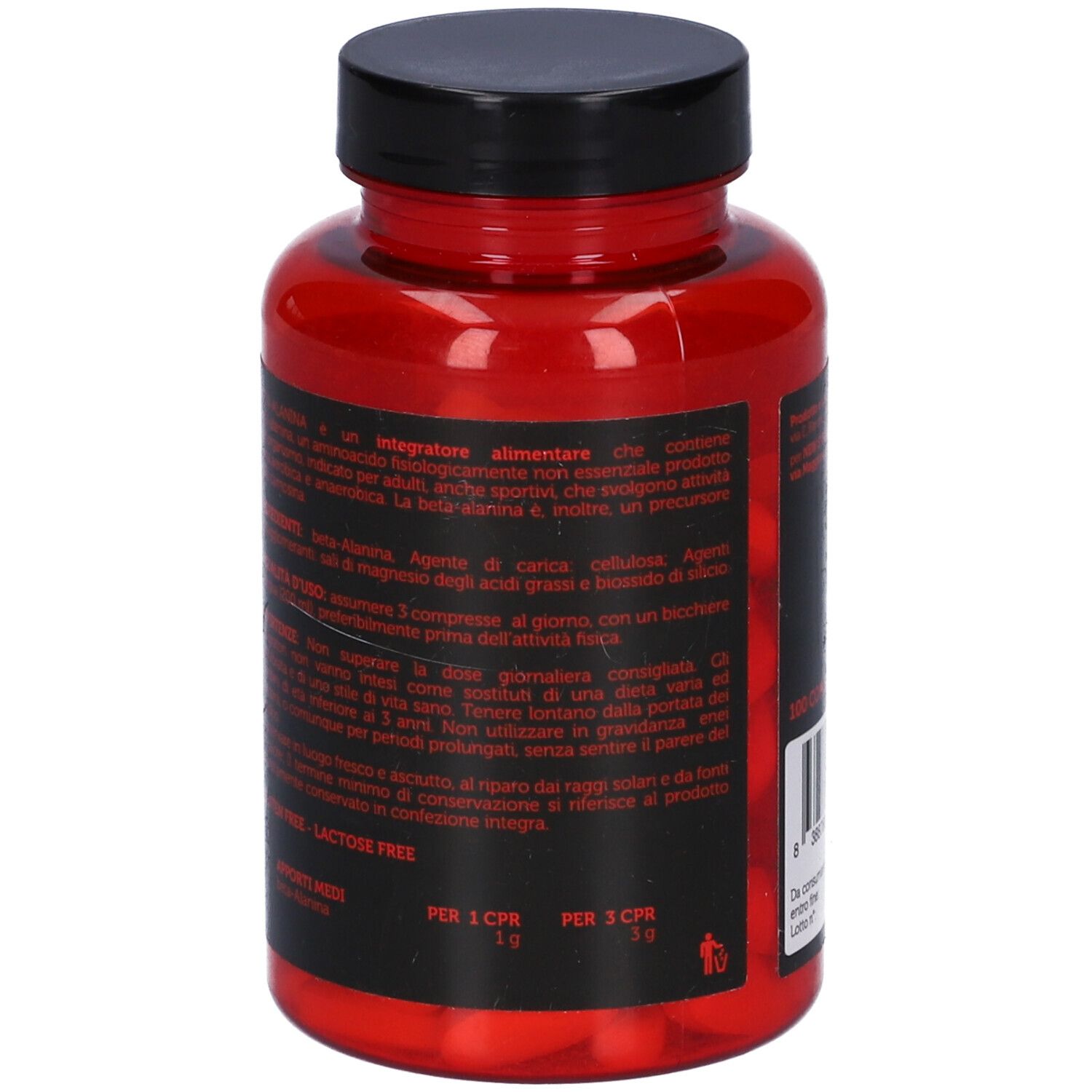 Flacone rosso con tappo nero. Testo in italiano. Contiene informazioni sugli ingredienti e l'uso.