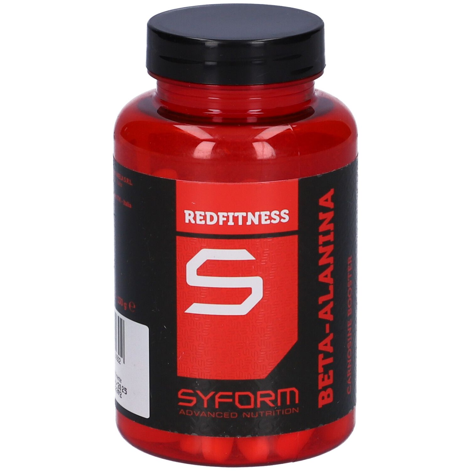 Flacone rosso con tappo nero. Scritta REDFITNESS, BETA-ALANINA, SYFORM. 'S' bianco su sfondo rosso.