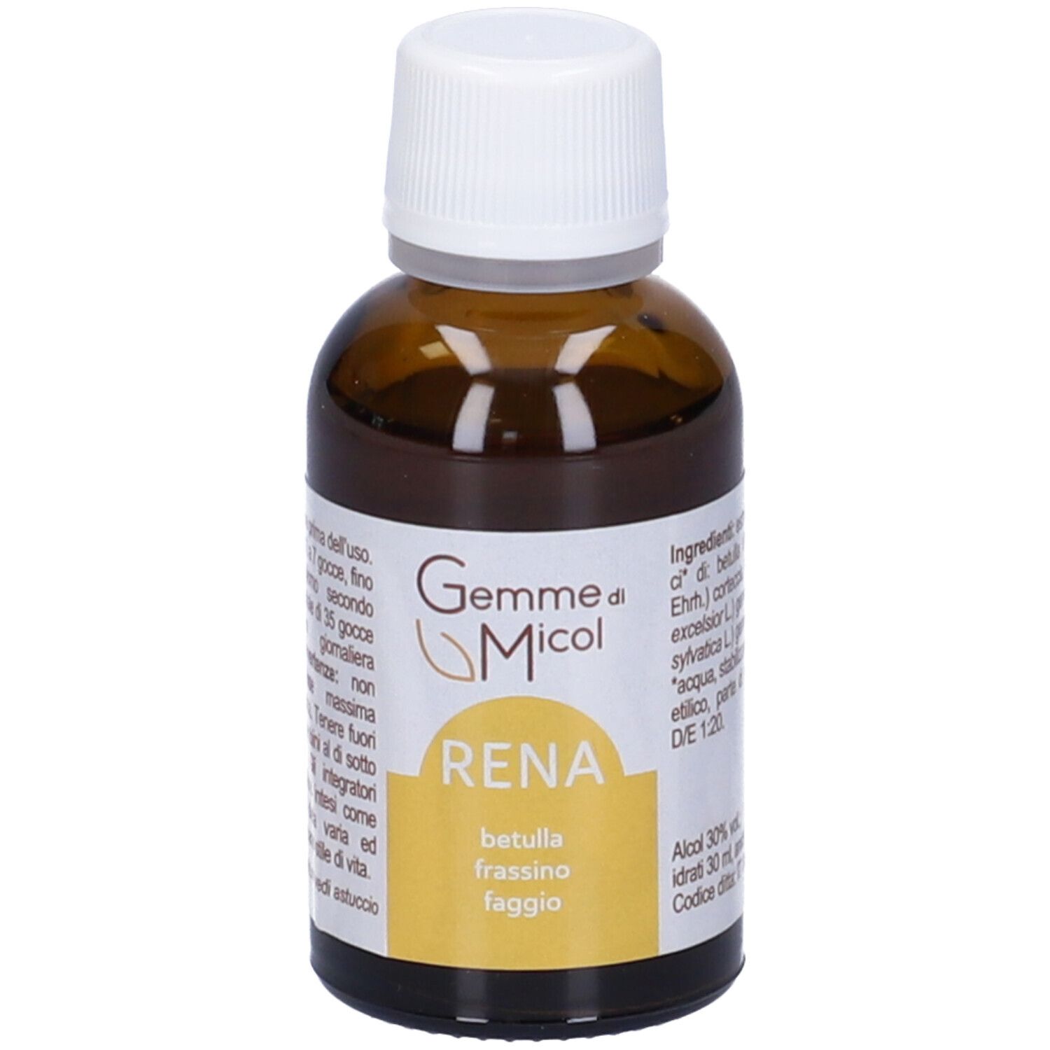 Flacone di vetro marrone con tappo bianco. Scritta: Gemme di Micol RENA. Contiene Betula, Fraxinus, Fagus. 30 ml.