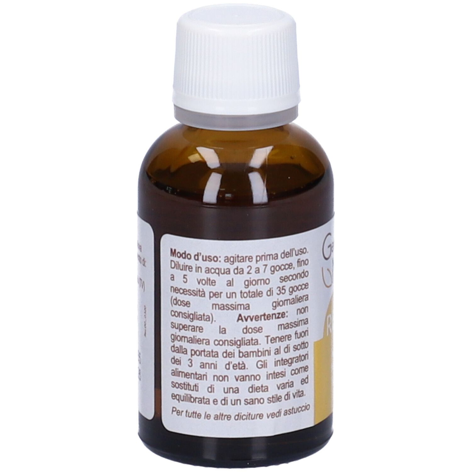 Retro del flacone di vetro marrone. Scritta: Modo d'uso. Contiene Betula, Fraxinus, Fagus. 30 ml.