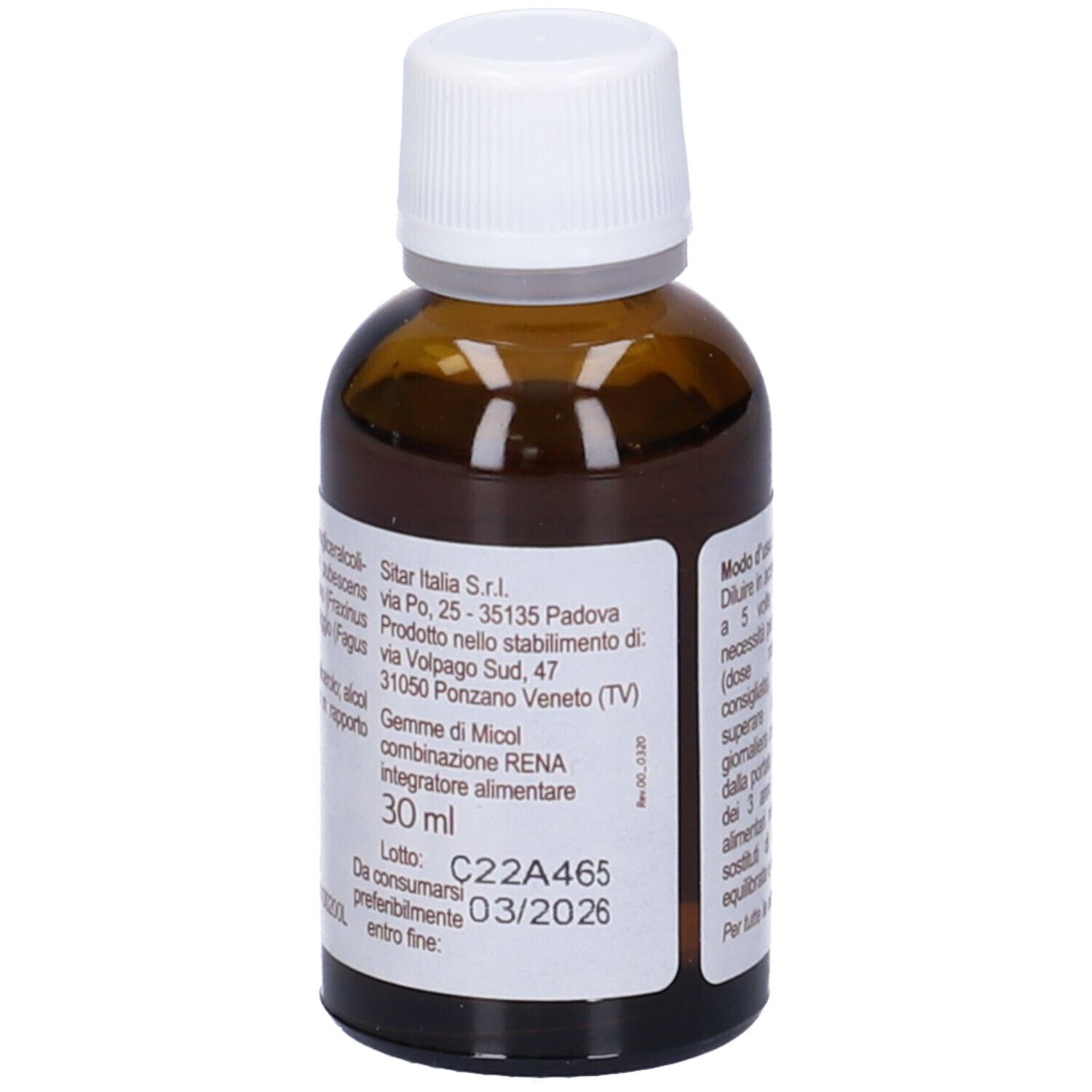 Flacone di vetro marrone con tappo bianco. Scritta: Gemme di Micol RENA. 30 ml. Indirizzo del produttore.