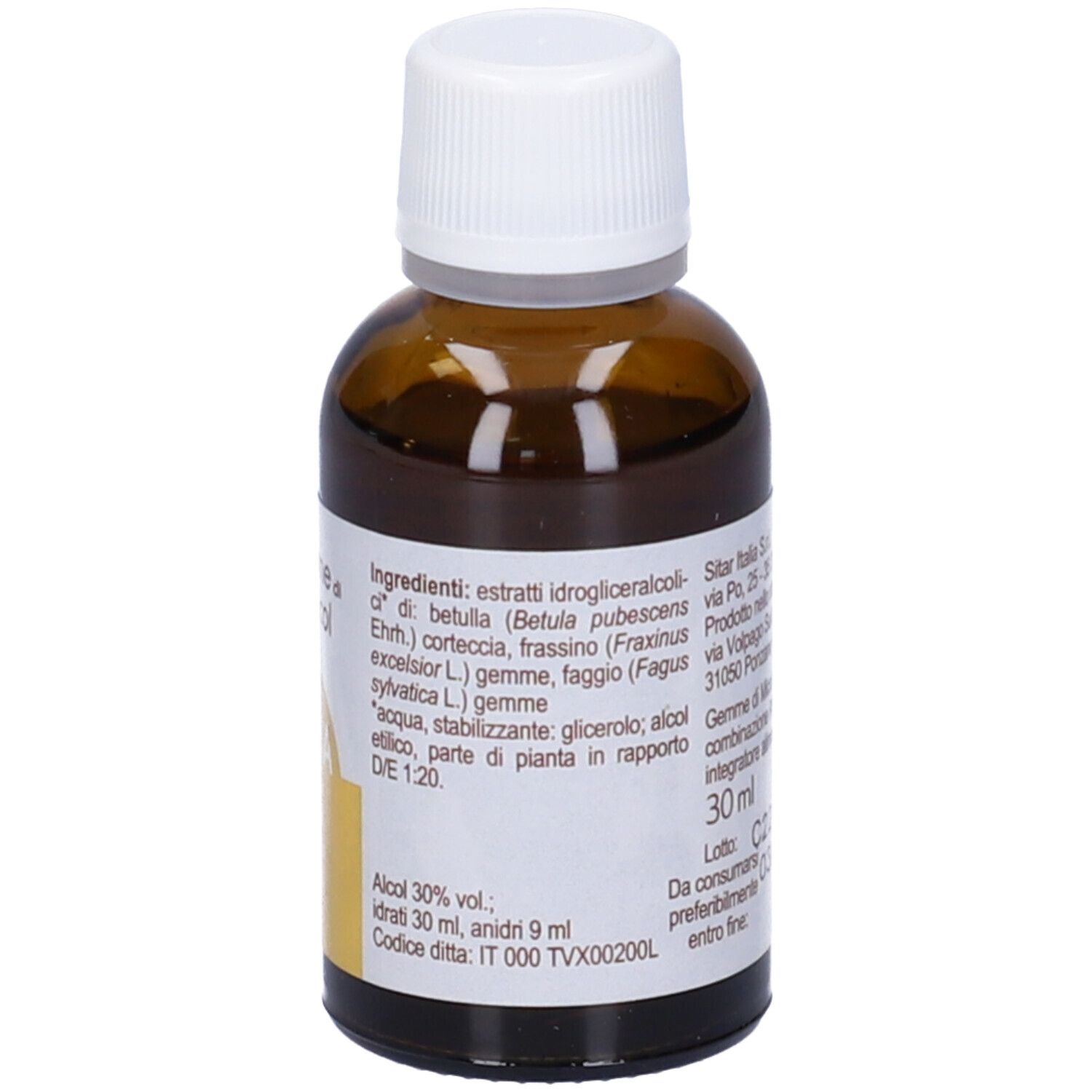 Flacone di vetro marrone con tappo bianco. Scritta: Gemme di Micol RENA. Ingredienti: Betula, Fraxinus, Fagus. 30 ml.