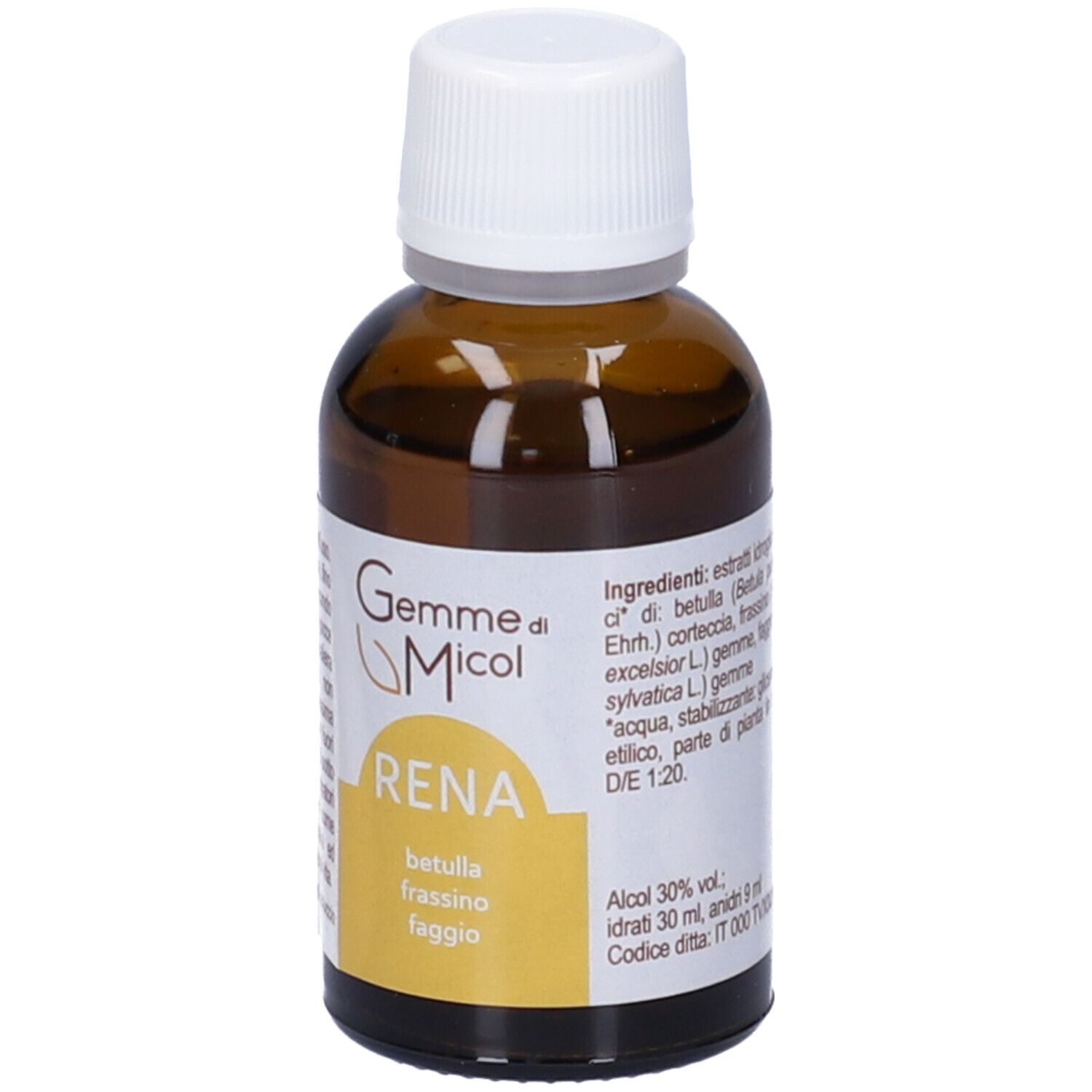 Flacone di vetro marrone con tappo bianco. Scritta: Gemme di Micol RENA. Contiene Betula, Fraxinus, Fagus. 30 ml.