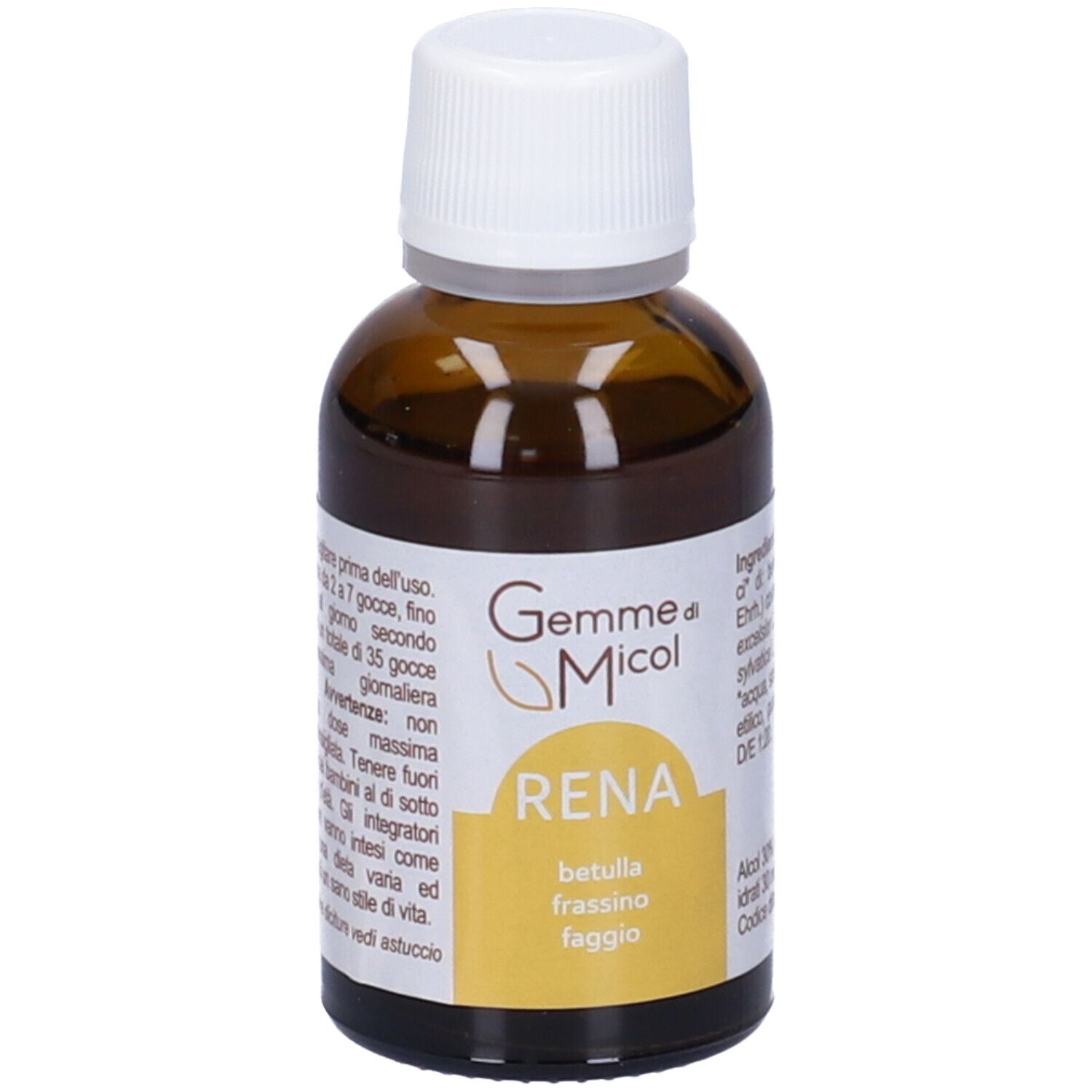 Flacone di vetro marrone con tappo bianco. Scritta: Gemme di Micol RENA. Contiene Betula, Fraxinus, Fagus. 30 ml.