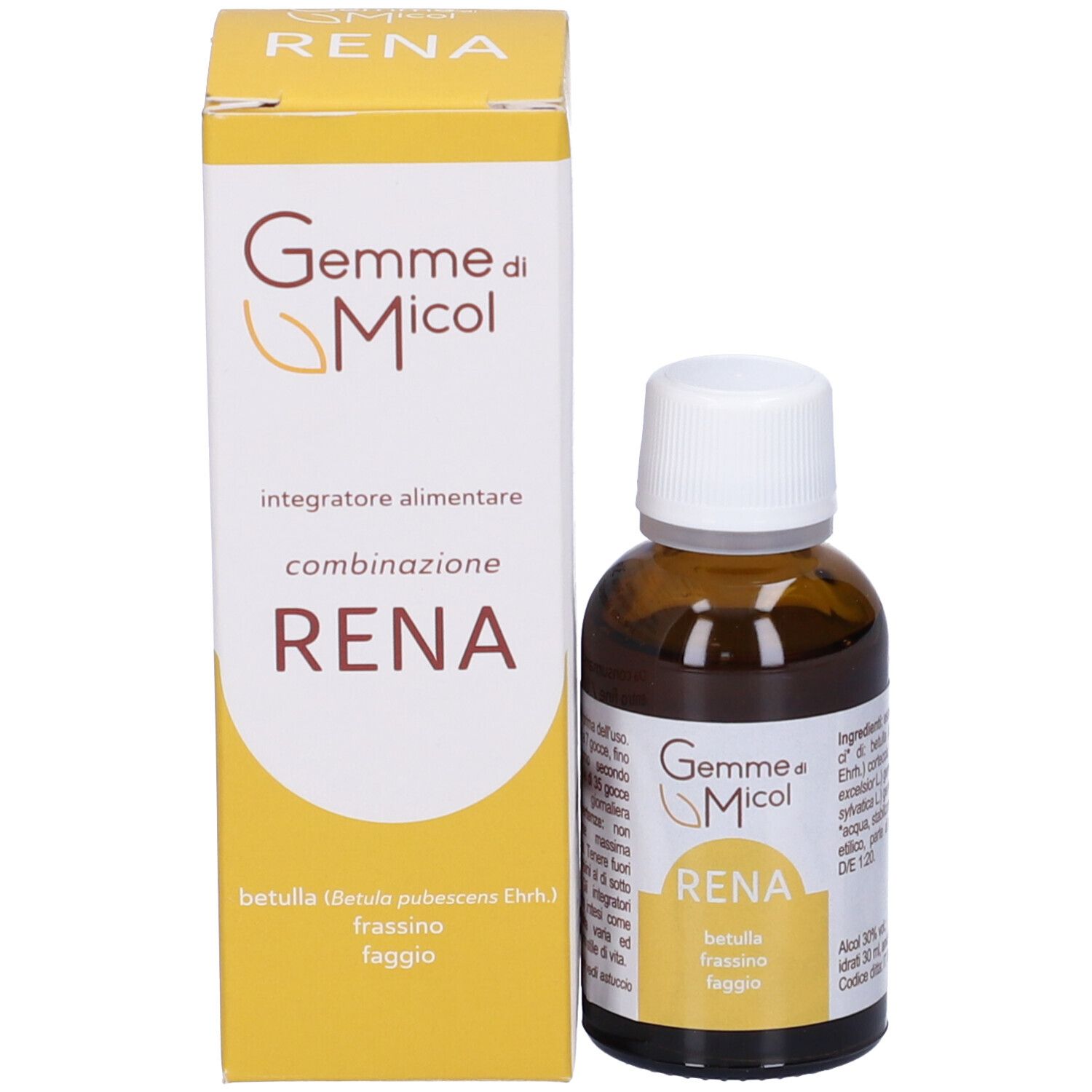 Flacone di vetro marrone con confezione gialla. Scritta: Gemme di Micol RENA. Contiene Betula, Fraxinus, Fagus. 30 ml.