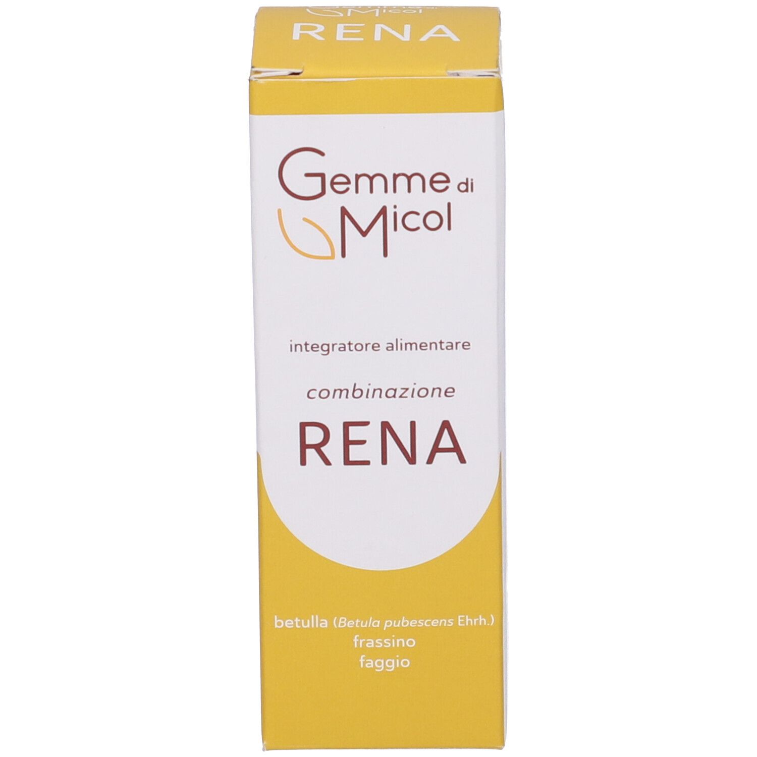 Confezione gialla. Scritta: Gemme di Micol RENA. Contiene Betula, Fraxinus, Fagus.