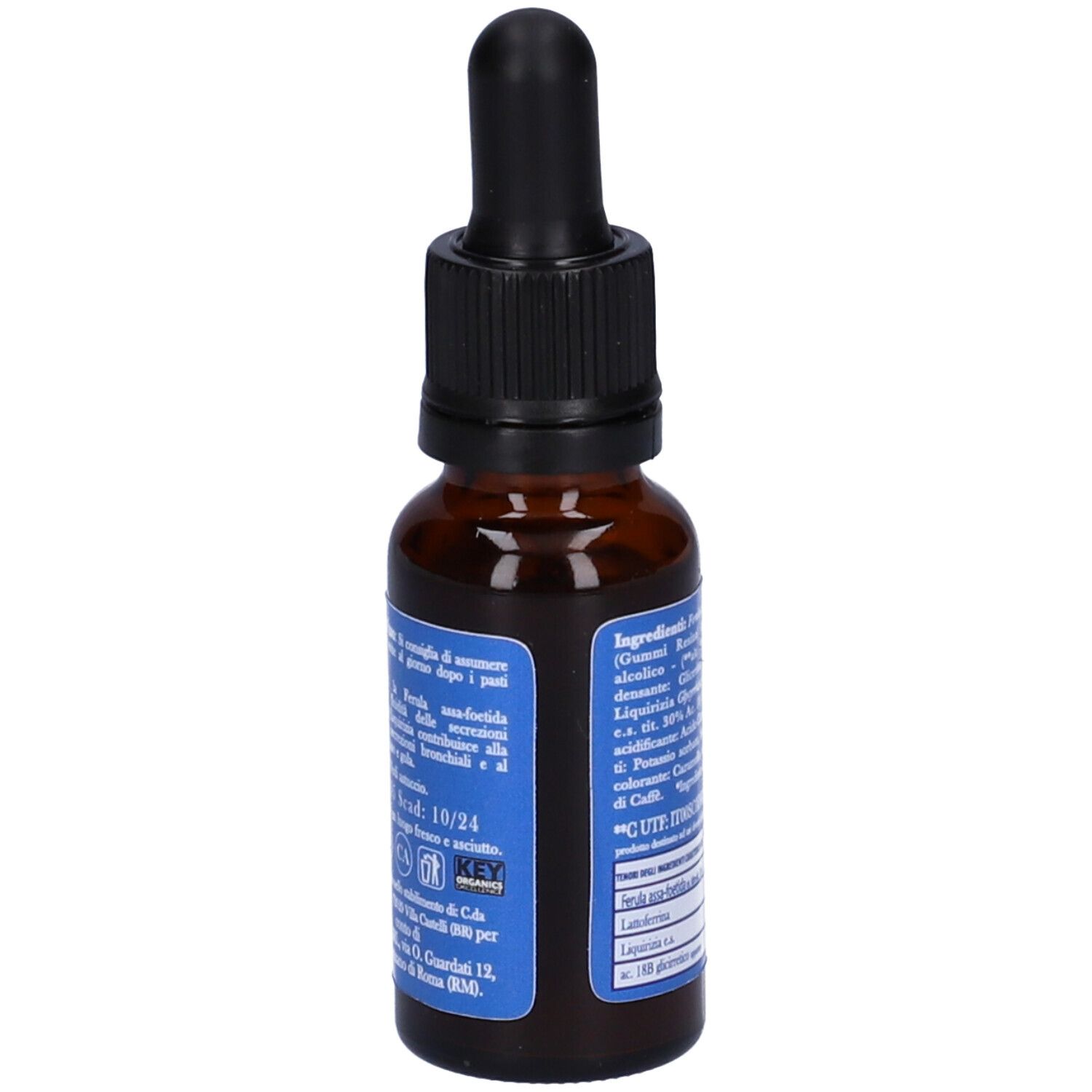 Flacone di vetro marrone con contagocce nero. Etichetta blu con testo e data di scadenza. Flacone contagocce.