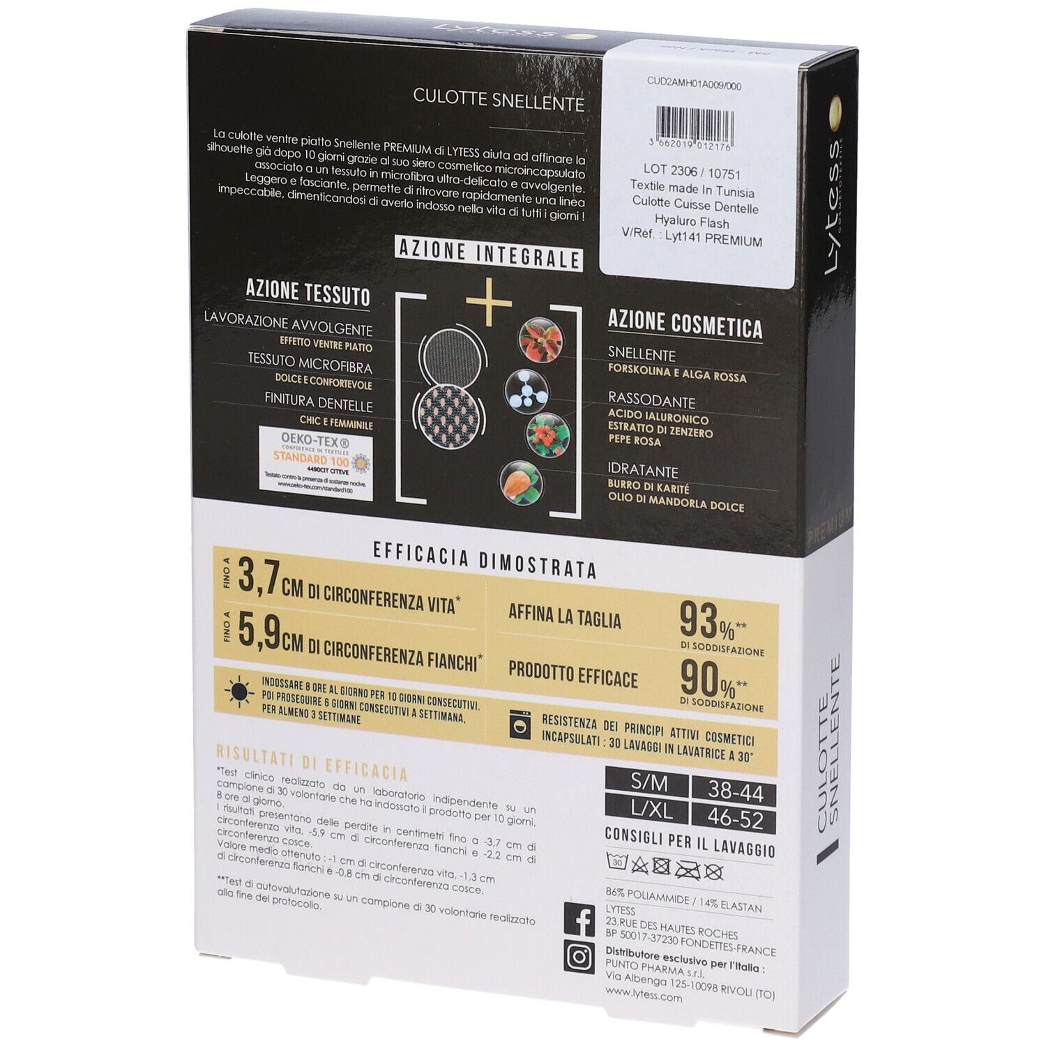 Retro della confezione Lytess Premium Culotte Snellente. Informazioni testuali su ingredienti, certificazioni e istruzioni per l'uso.
