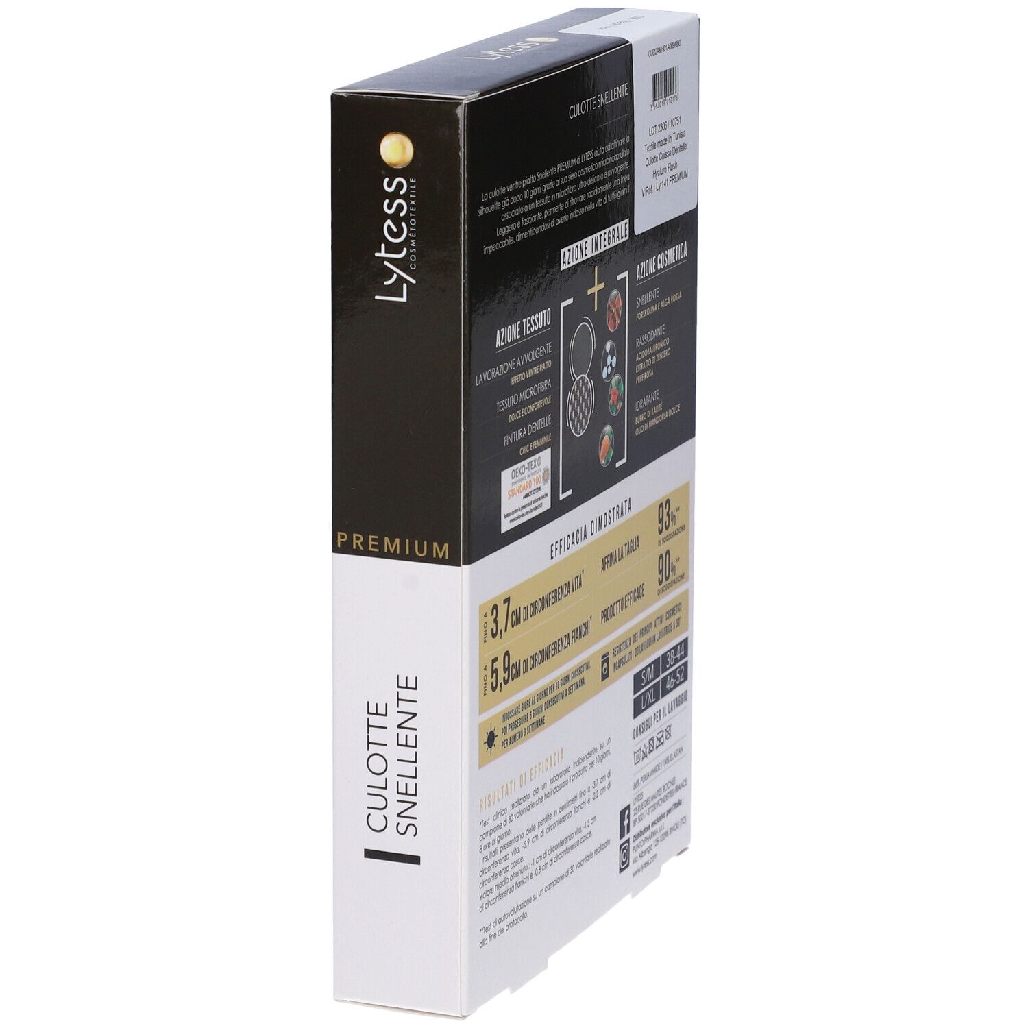 Vista laterale della confezione Lytess Premium Culotte Snellente. Informazioni testuali e immagine del prodotto. Dettagli delle caratteristiche.