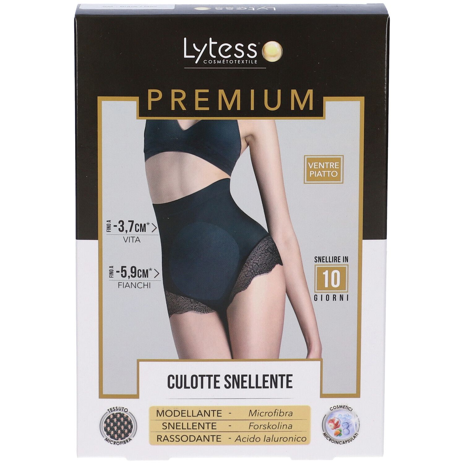 Vista frontale della confezione Lytess Premium Culotte Snellente. Scatola nera con immagine del prodotto e testo. Dettagli delle caratteristiche.