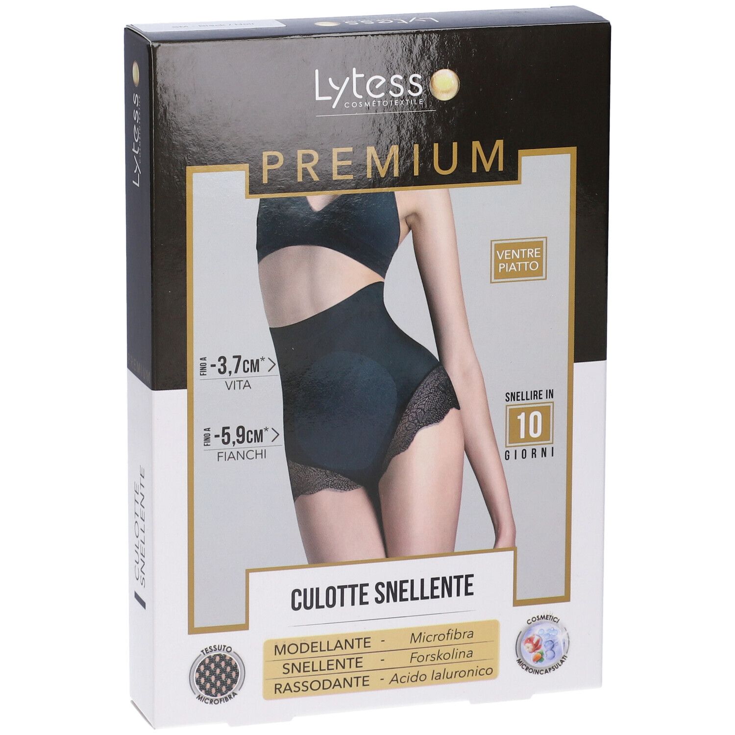 Vista frontale della confezione Lytess Premium Culotte Snellente. Scatola nera con immagine del prodotto e testo. Dettagli delle caratteristiche.