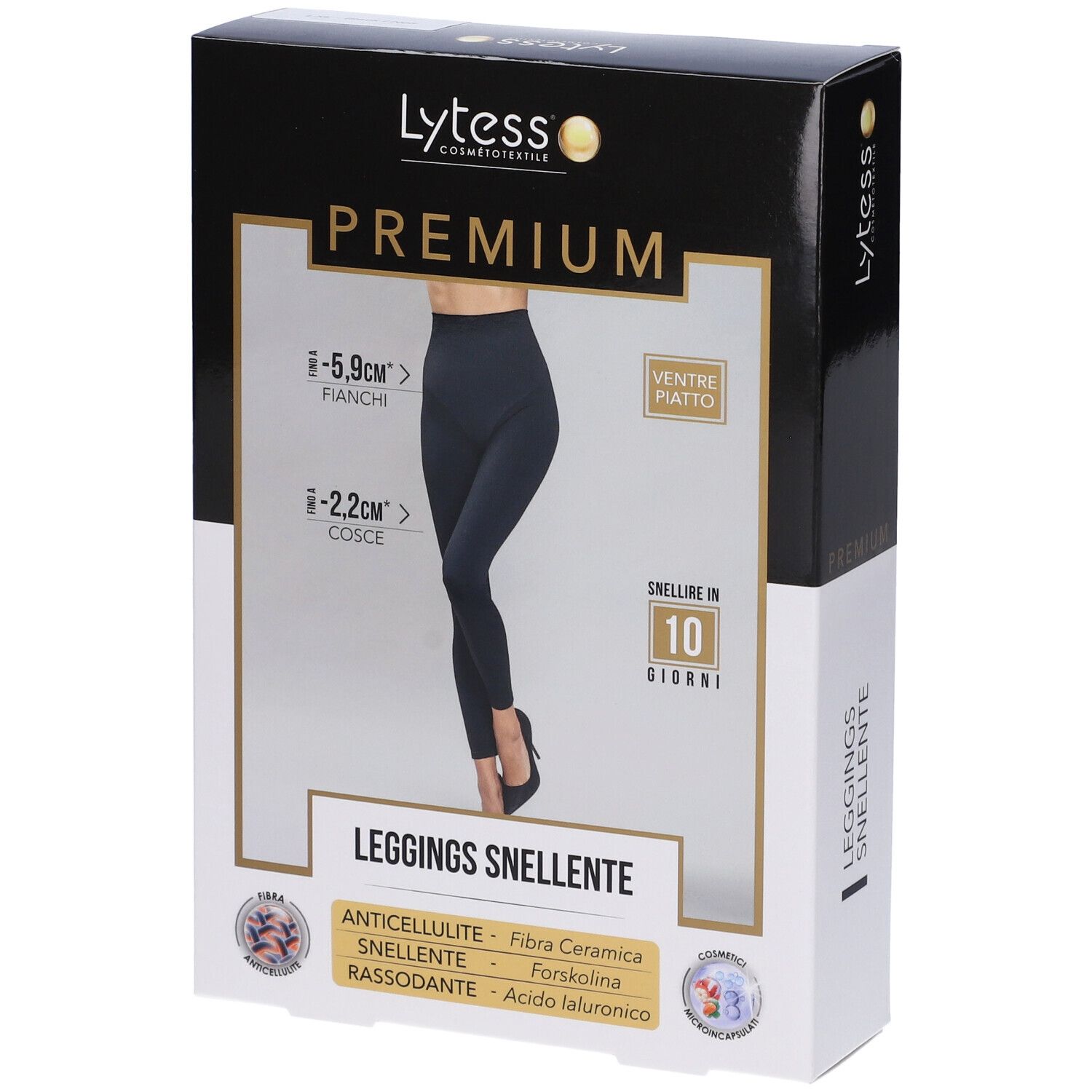 Confezione Lytess Premium Leggings. Scatola nera con immagine del prodotto e testo. Contiene informazioni sulle caratteristiche.