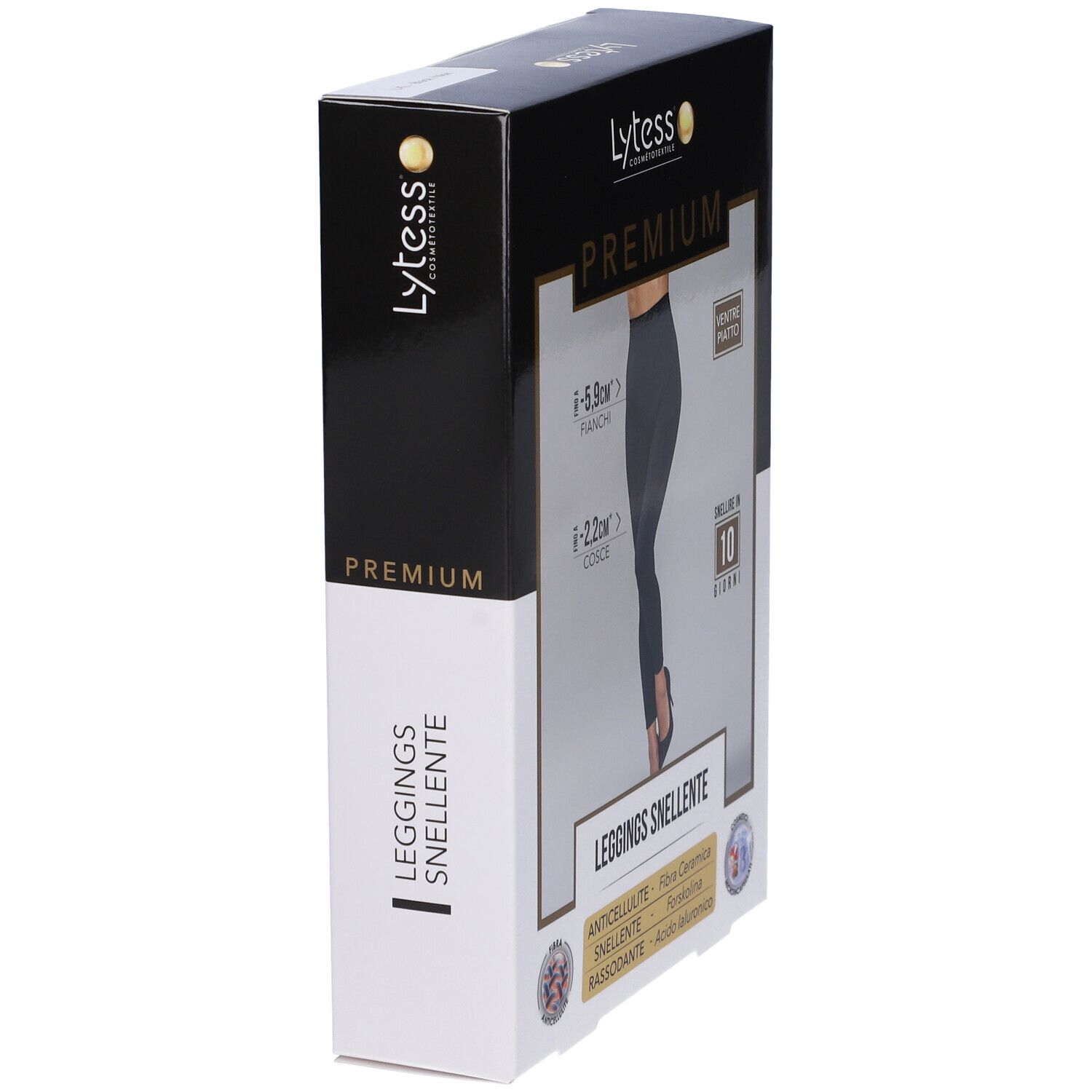 Confezione Lytess Premium Leggings. Scatola nera con immagine del prodotto e testo. Contiene informazioni sulle caratteristiche.