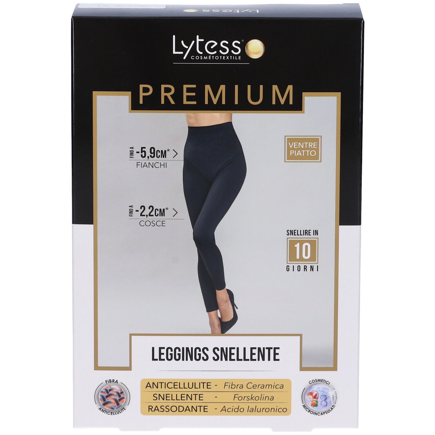 Confezione Lytess Premium Leggings. Scatola nera con immagine del prodotto e testo. Contiene informazioni sulle caratteristiche.