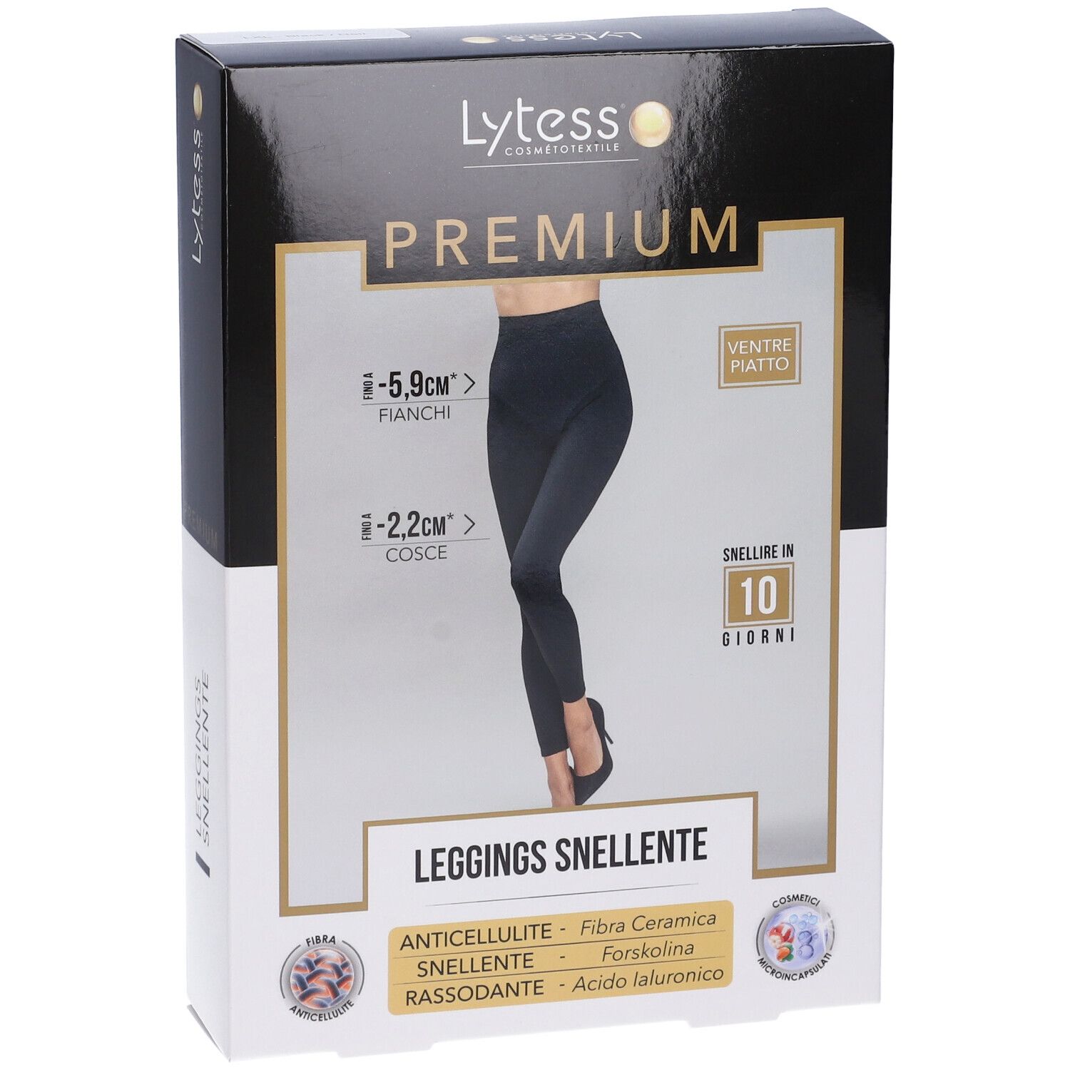 Confezione Lytess Premium Leggings. Scatola nera con immagine del prodotto e testo. Contiene informazioni sulle caratteristiche.