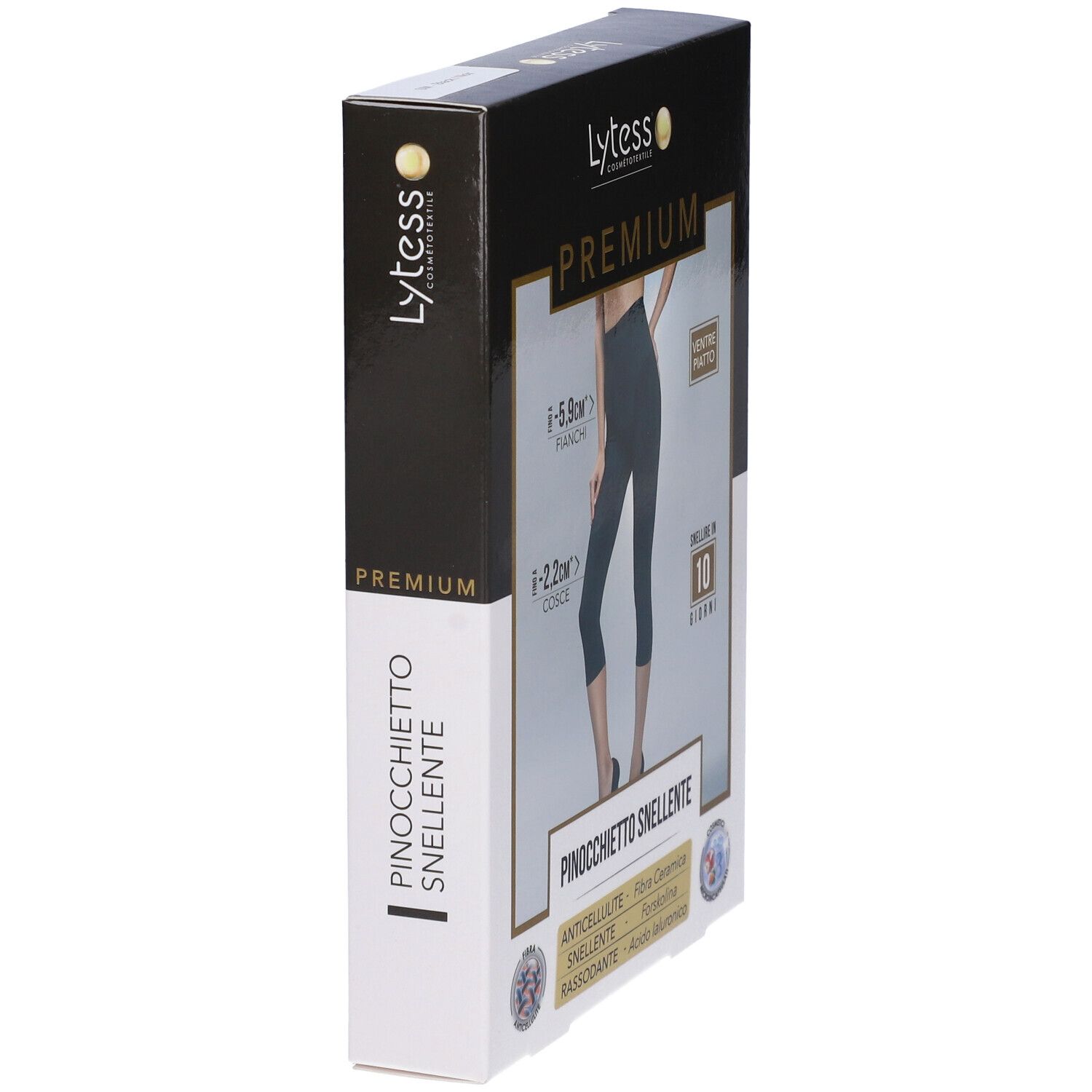 Vista laterale della confezione Lytess Premium Pinocchietto Snellente. Nome del prodotto e logo visibili. Accenti neri e oro.