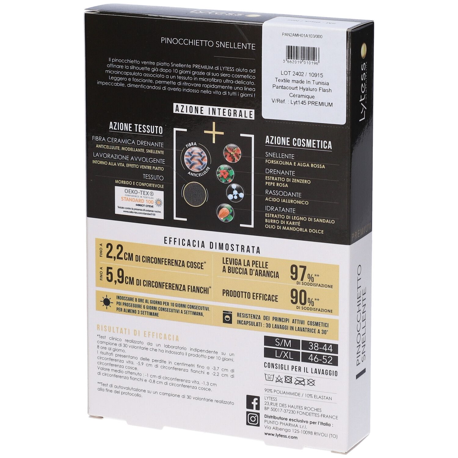 Retro della confezione Lytess Premium Pinocchietto Snellente. Informazioni testuali, ingredienti e loghi. Sfondo nero.