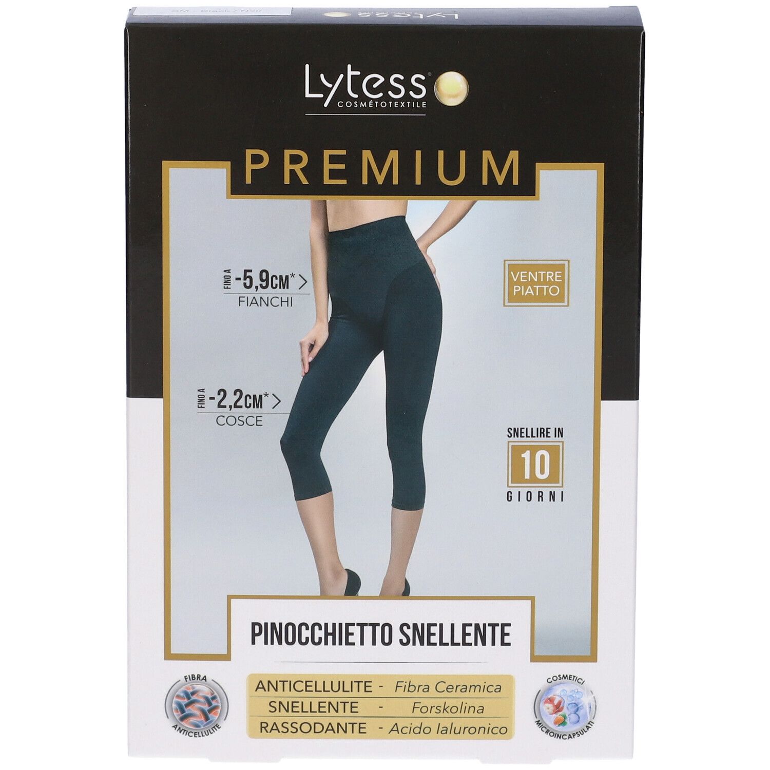 Vista frontale della confezione Lytess Premium Pinocchietto Snellente. Immagine del prodotto e testo. Accenti neri e oro.