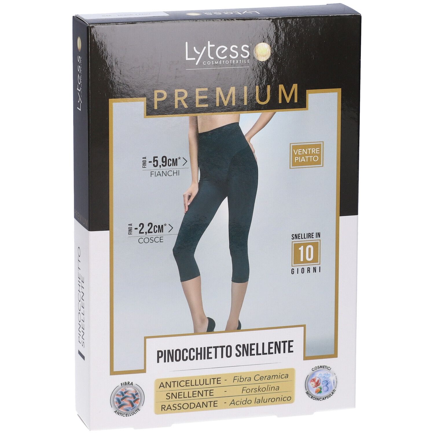 Vista frontale della confezione Lytess Premium Pinocchietto Snellente. Immagine del prodotto e testo. Accenti neri e oro.