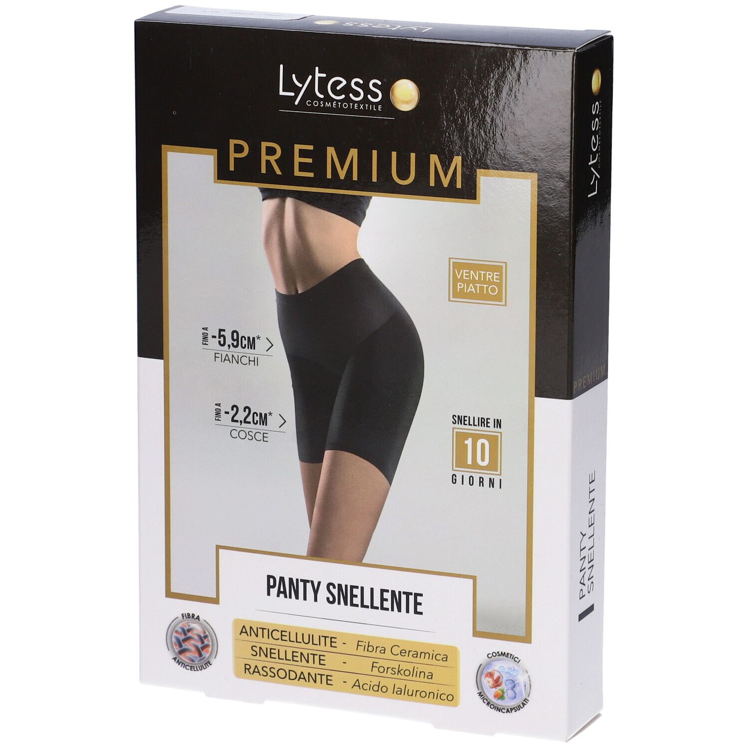 Confezione Lytess Premium Panty. Scatola nera con immagine del prodotto. Testo: PREMIUM, PANTY SNELLENTE, 10 GIORNI.