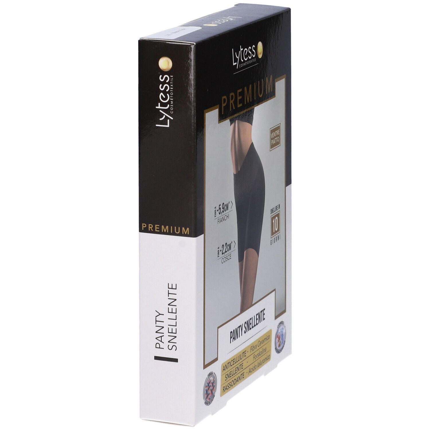 Confezione Lytess Premium Panty. Scatola nera con immagine del prodotto. Testo: PREMIUM, PANTY SNELLENTE, 10 GIORNI.
