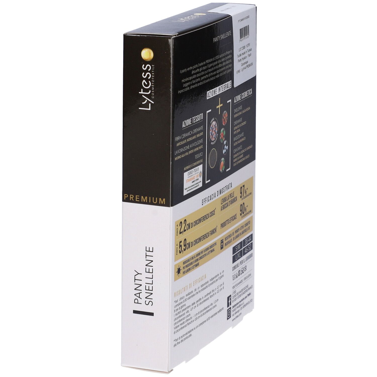 Confezione Lytess Premium Panty. Vista laterale. Testo: PREMIUM, PANTY SNELLENTE, ingredienti, certificazioni.