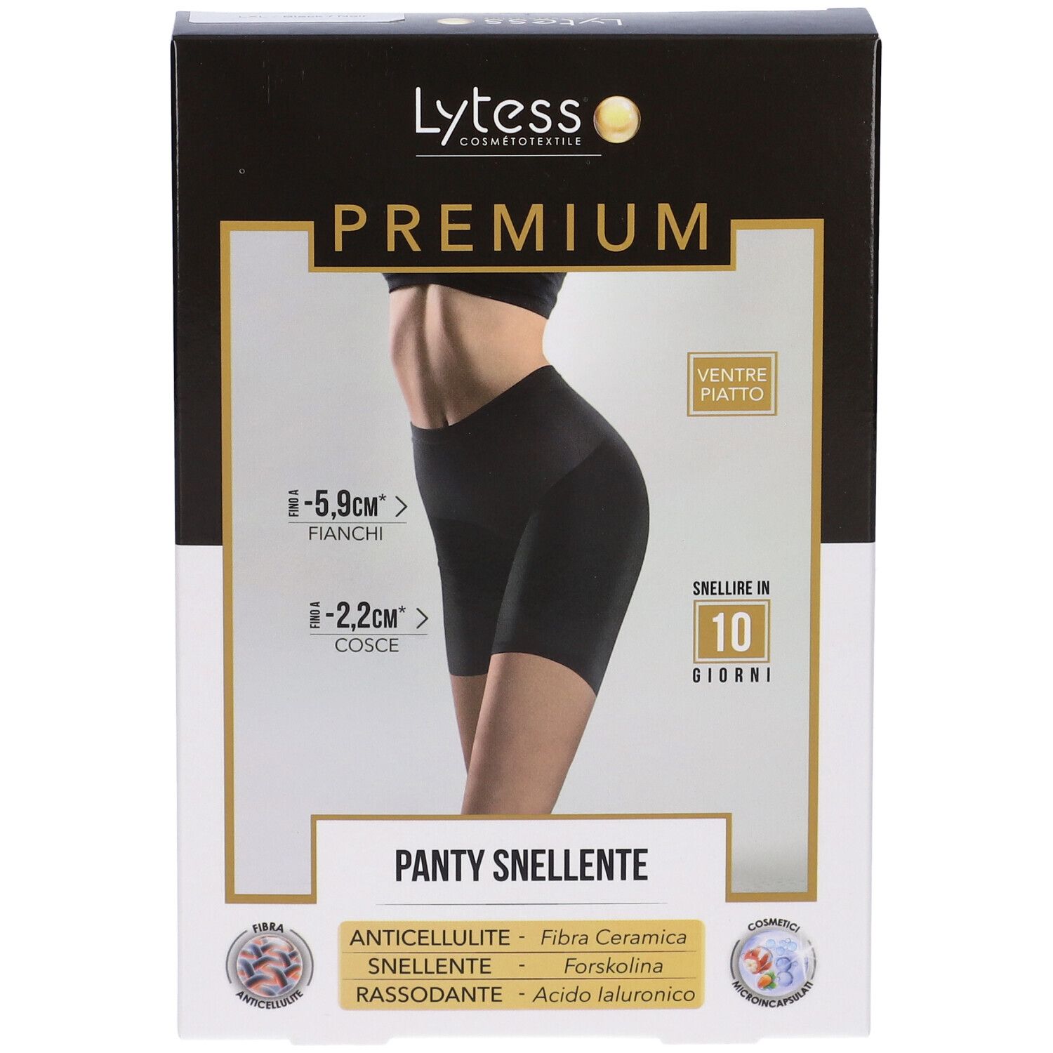 Confezione Lytess Premium Panty. Scatola nera con immagine del prodotto. Testo: PREMIUM, PANTY SNELLENTE, 10 GIORNI.