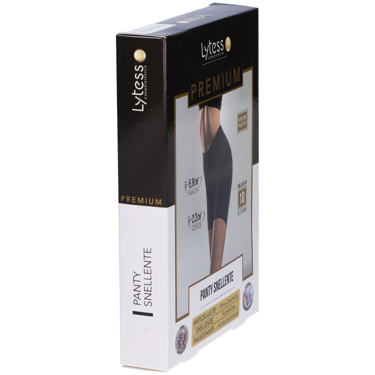Confezione Lytess Panty Snellente nera. Scritto: Premium, Panty Snellente. Vista laterale.