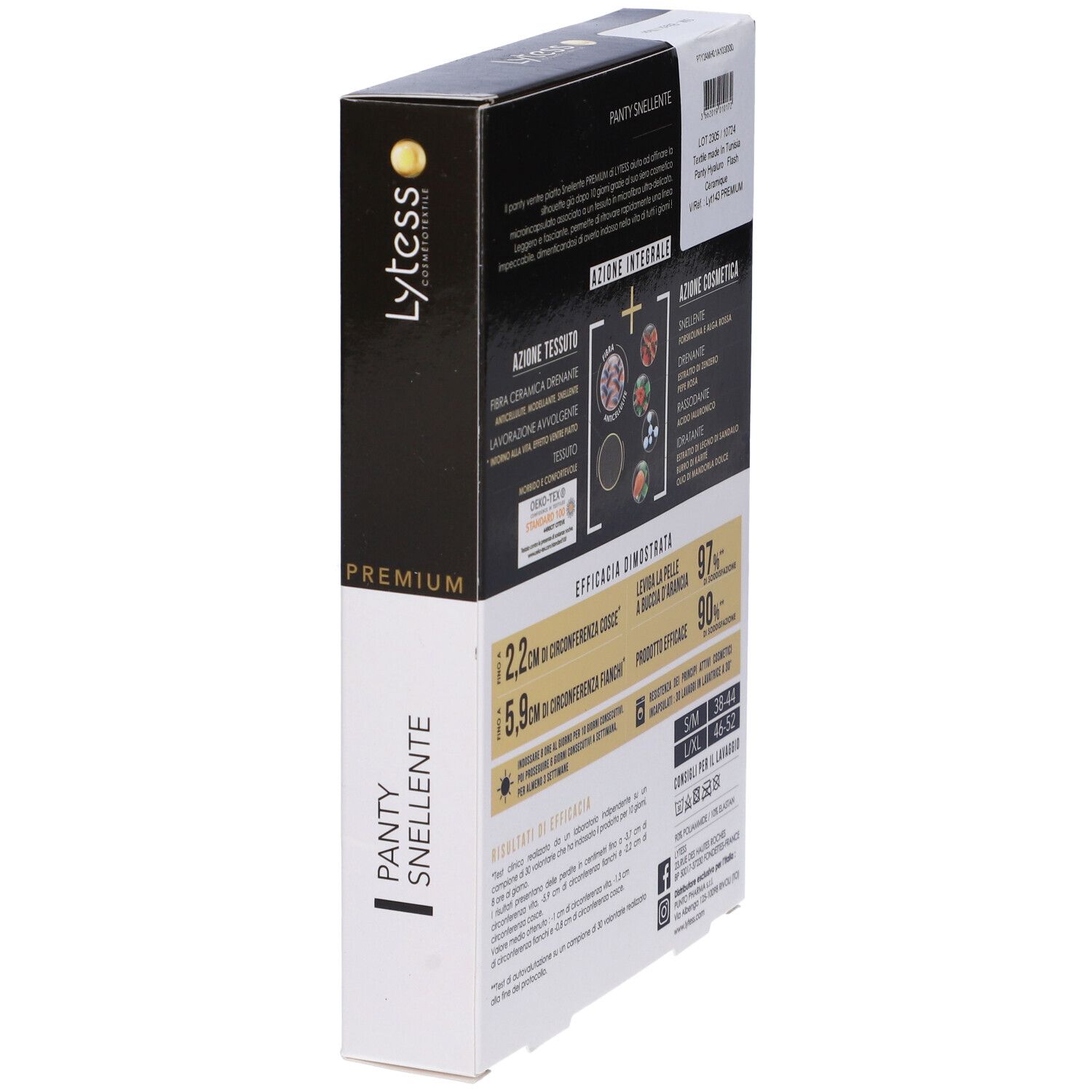 Vista laterale confezione Lytess Panty Snellente. Scritto: Premium, Panty Snellente. Informazioni efficacia.