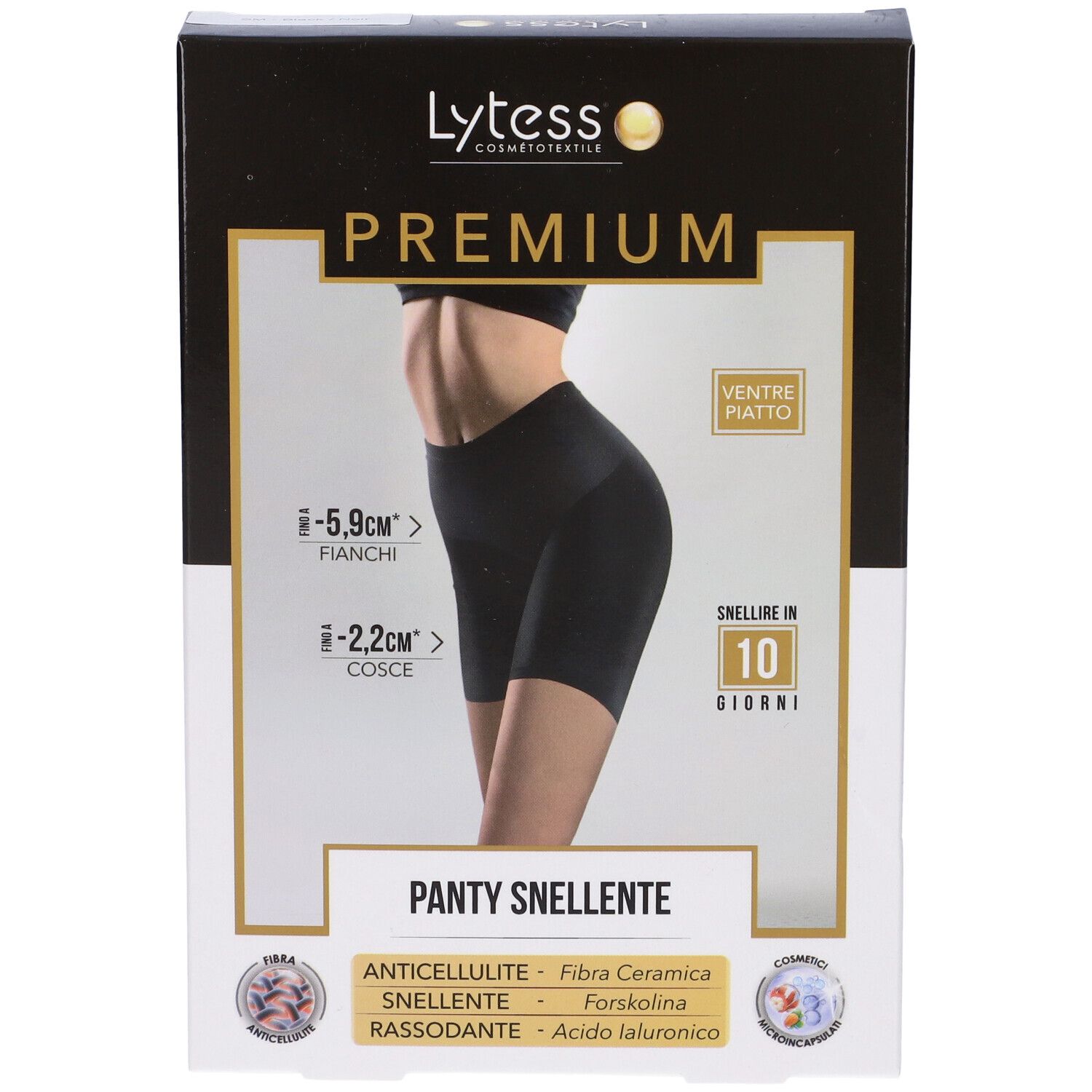 Confezione Lytess Panty Snellente. Scritto: Premium, Ventre piatto, cosce -2,2cm, fianchi -5,9cm. Taglia S/M.