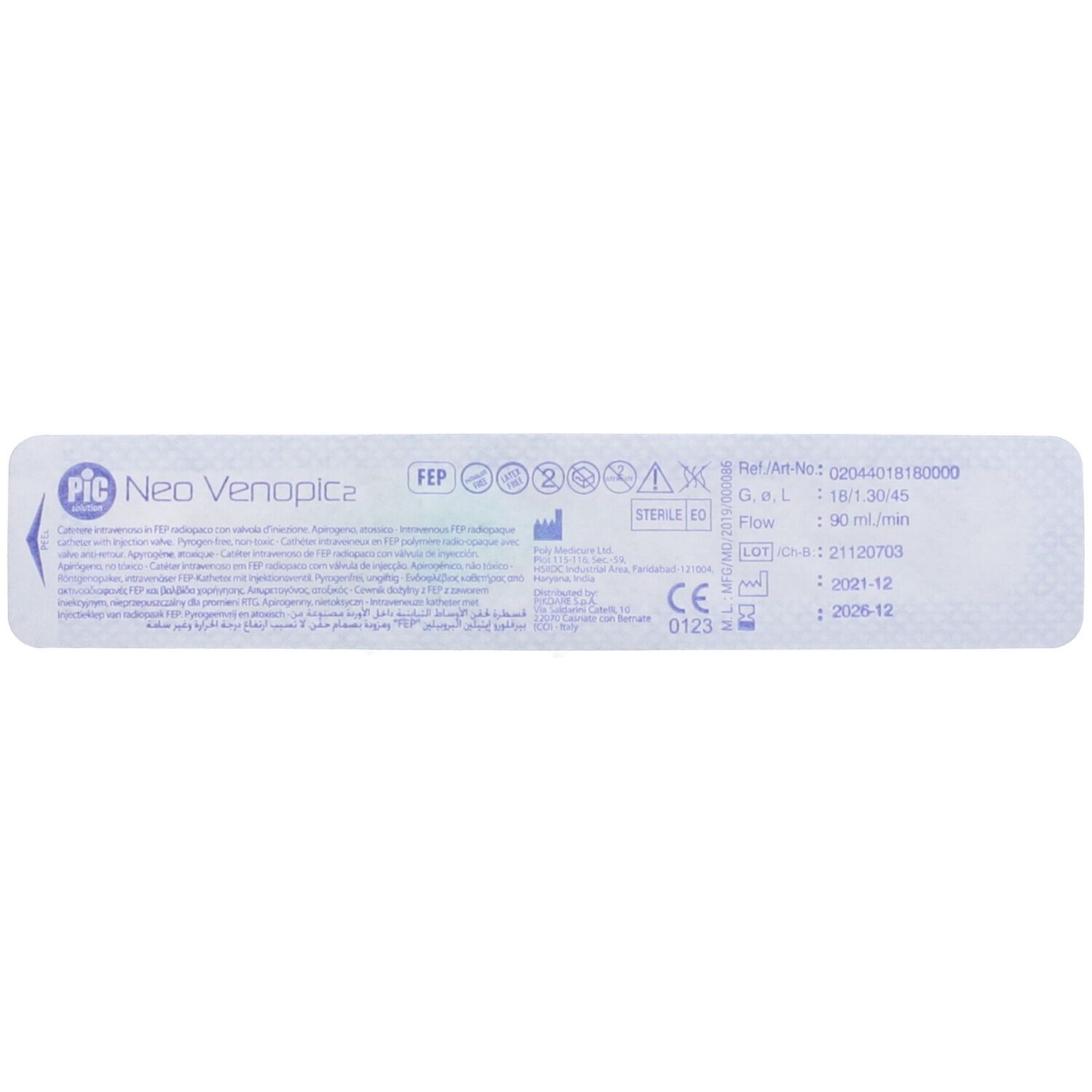 PIC Ago Cannula A 2 Vie Sterile Monouso Venopic Fep Gauge 18x45