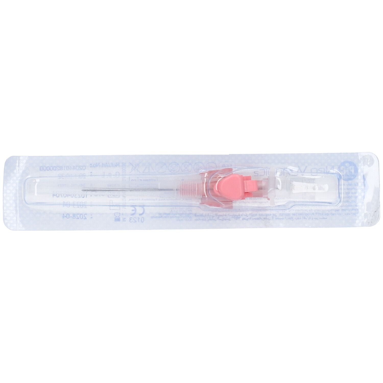 Catetere medico confezionato. Elemento rosa visibile. Confezione trasparente sterile.
