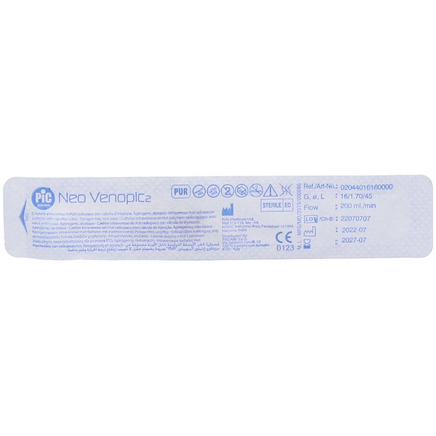 PIC Ago Cannula 2 Vie Sterile Monouso Venopic Pur Gauge 16x45
