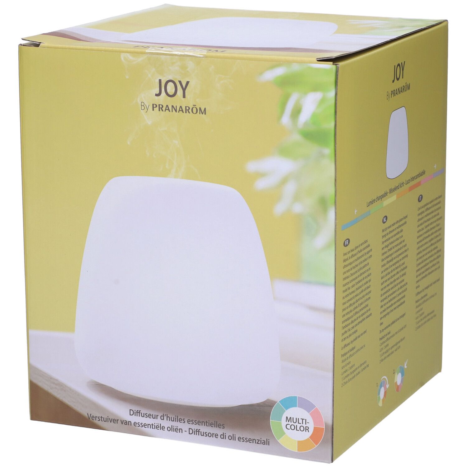 Scatola con diffusore bianco. Scritta: JOY by Pranarôm. Cerchio multicolore. Testo multilingue.