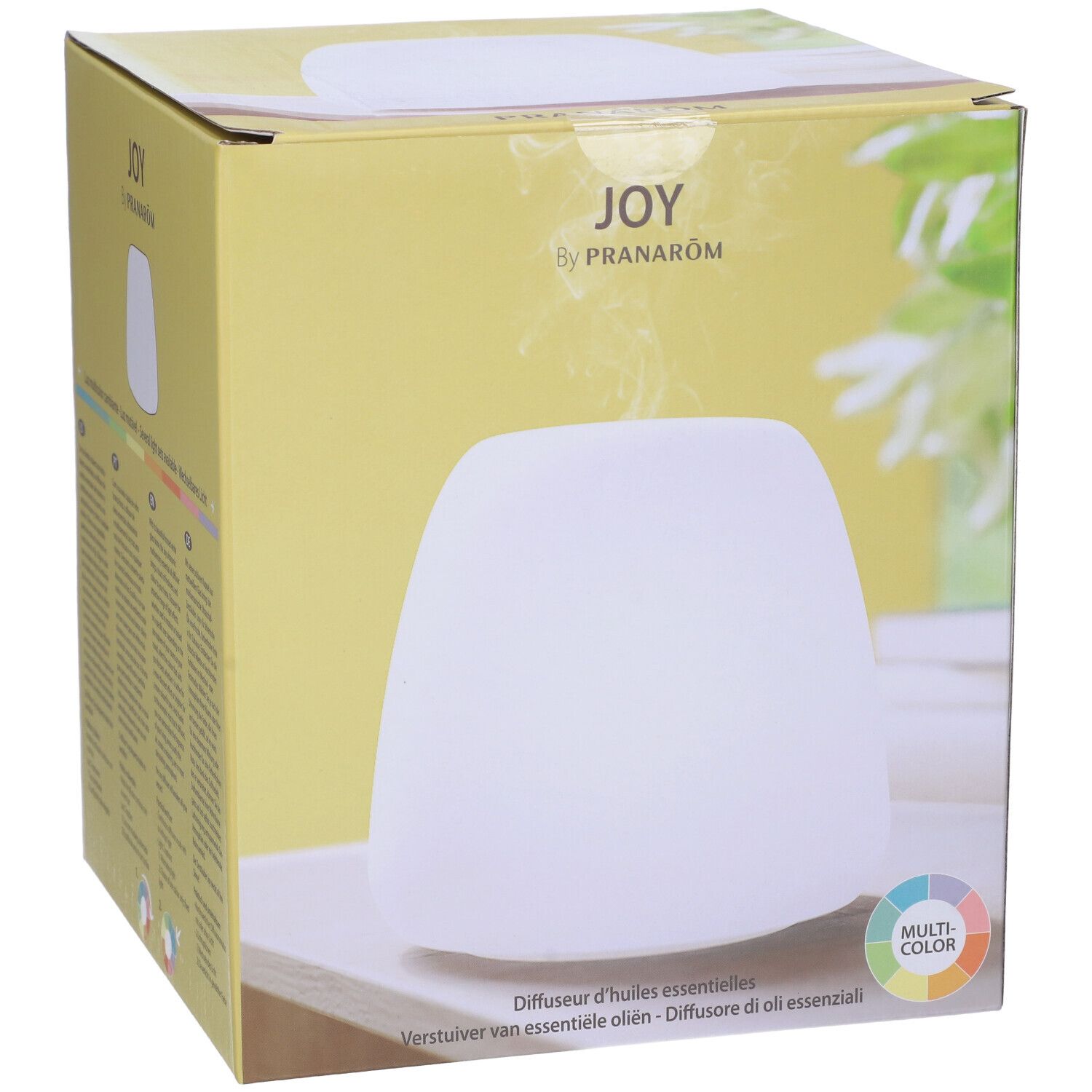 Scatola con diffusore bianco. Scritta: JOY by Pranarôm. Cerchio multicolore. Testo multilingue.